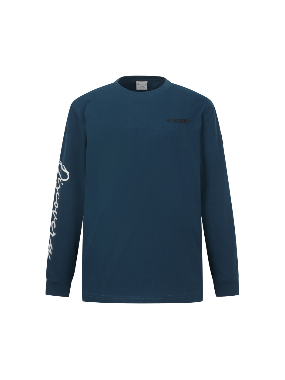 Discovery 圓領 側邊刻字 小標LOGO 長袖  藍色 男