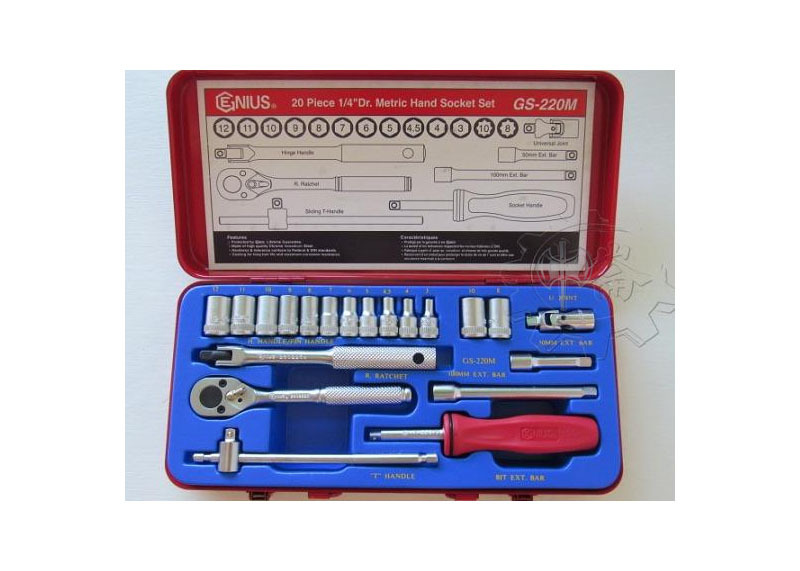＊中崙五金【附發票】加拿大GENIUS 20件組 專業級2分套筒組 6角+8角套筒 附棘輪板桿 GS-220M