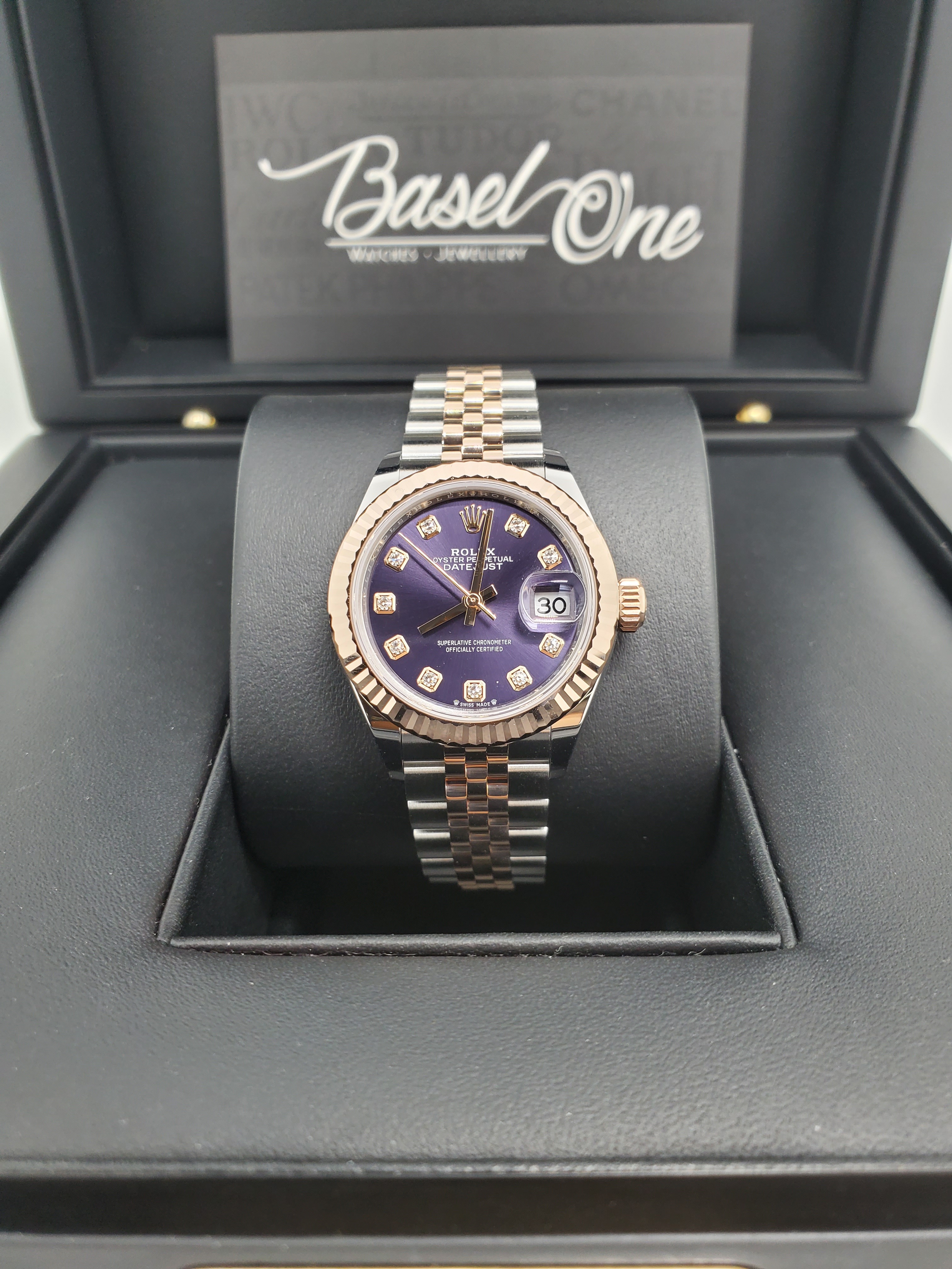 BRAND NEW ROLEX 279171 PURPLE DIAL WITH DIAMOND ROSE GOLD LADY-DATEJUST JUBILEE STRAP 28 MM