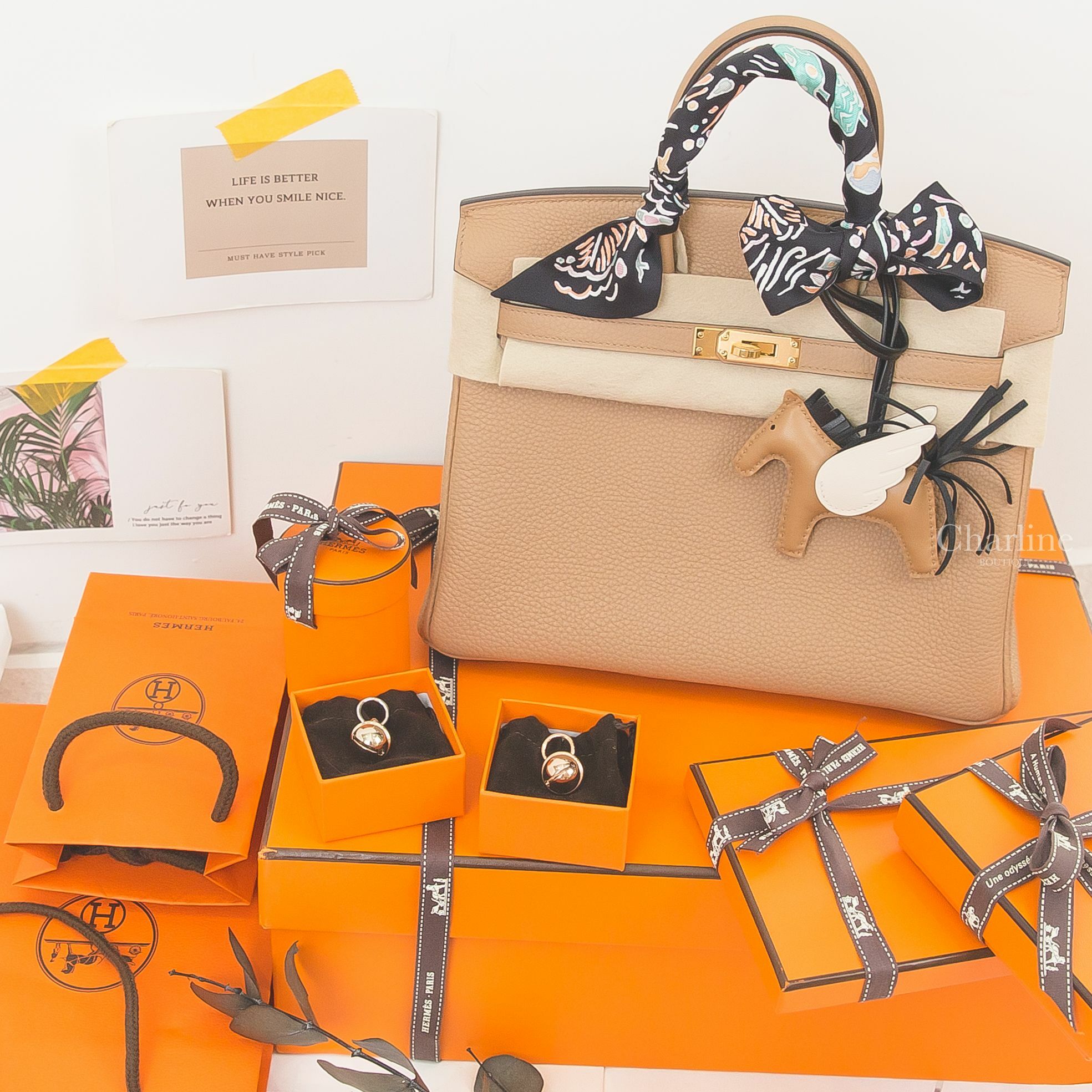 Hermès 玫瑰金鈴鐺絲巾扣環,Hermès 銀色扣環金色鈴鐺絲巾扣環,Hermès Birkin 25cm U刻馬薩拉茶色金釦鉑金包,Hermès 馬薩拉茶色/奶油白/黑色小型飛馬吊飾-Charline Boutique 精品代購