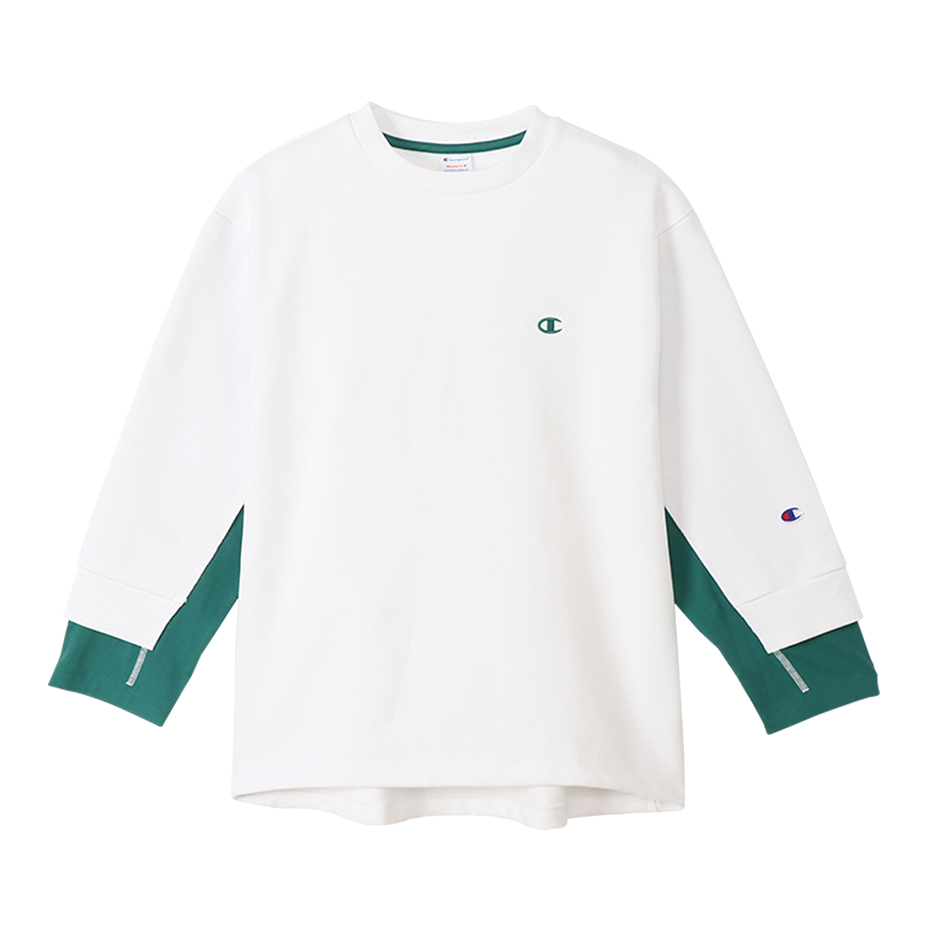 男款-Champion Women's拼接長Tee-白x綠（CW-U015-010）