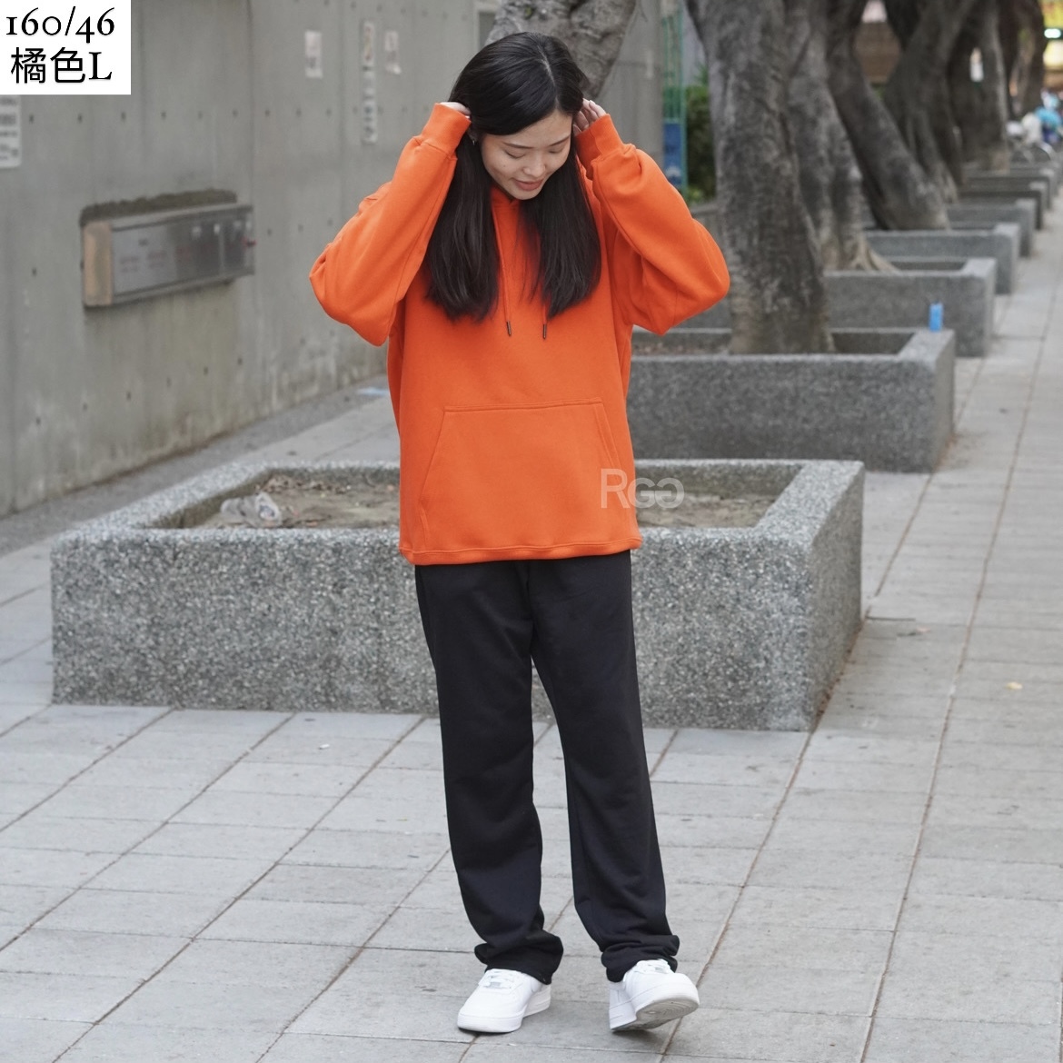 美式休閒素面內刷毛帽T橘色L實穿照