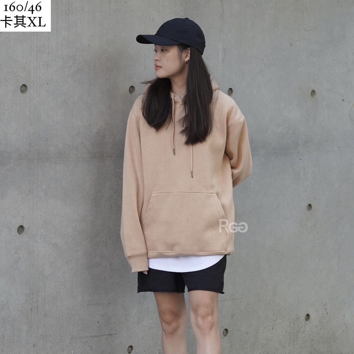 美式休閒素面內刷毛帽T卡其XL實穿照