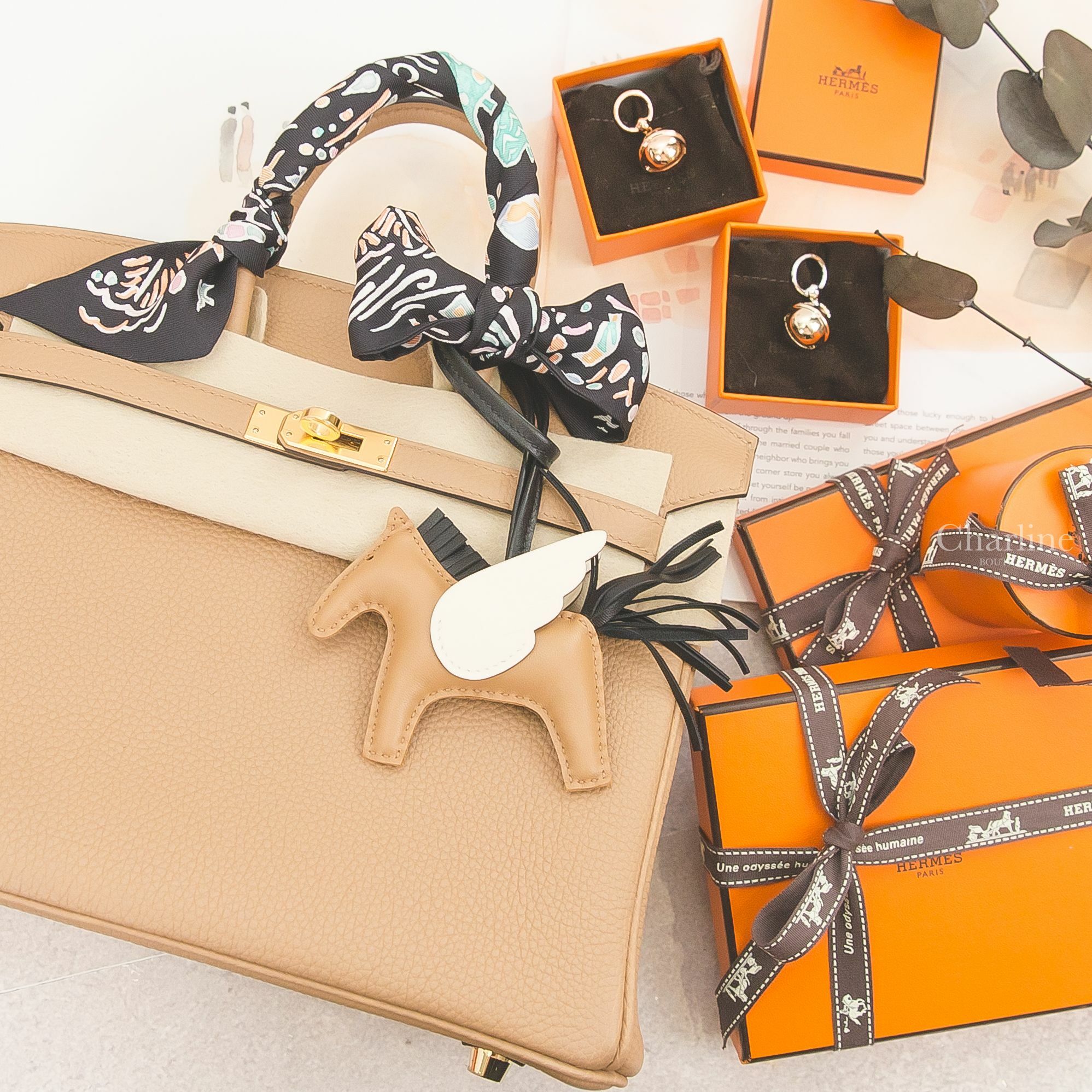 Hermès 黑色/綠色/玫瑰粉春天島嶼絲巾,玫瑰金鈴鐺絲巾扣環,銀色扣環金色鈴鐺絲巾扣環,Birkin 25cm U刻馬薩拉茶色金釦鉑金包,Hermès 馬薩拉茶色/奶油白/黑色小型飛馬吊飾-Charline Boutique 精品代購