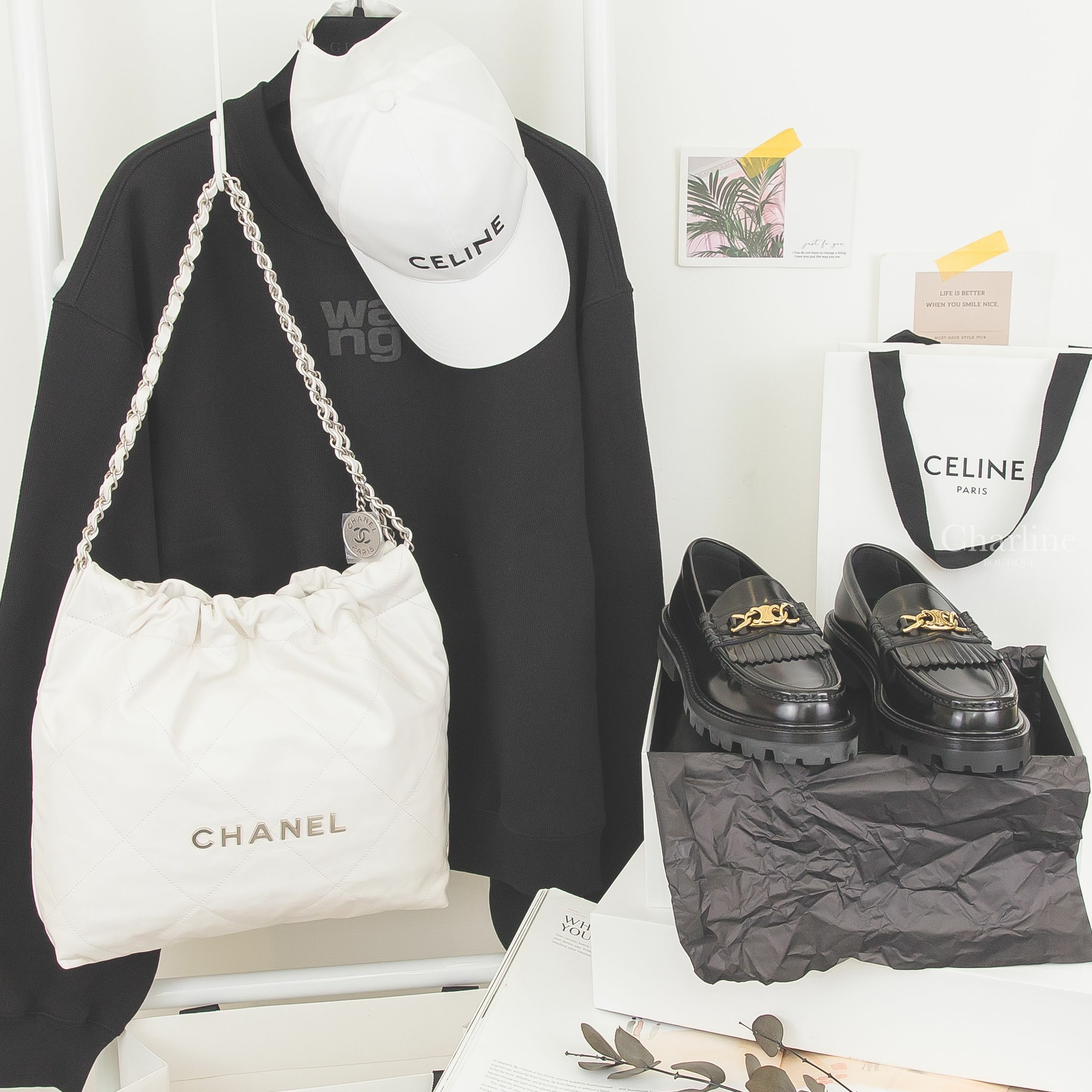 Celine 黑色金色凱旋門流蘇小牛皮厚底樂福鞋,Chanel 白色銀字徽章鍊帶小型牛皮大菱格紋肩背包,Celine Celine Baseball Cap In Cotton 白色刺繡黑字棉質棒球帽-Charline Boutique 精品代購