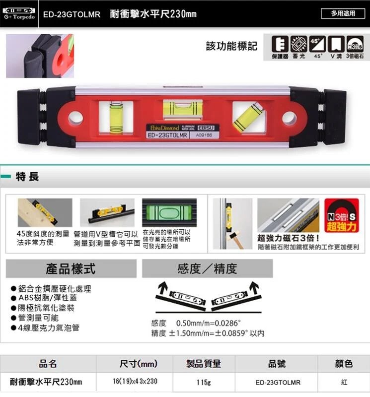 ＊中崙五金【附發票】EBISU 防震強磁水平尺 ED-23GTOLMR紅/ED-23GTOLMY黃 23cm 夜光水平液