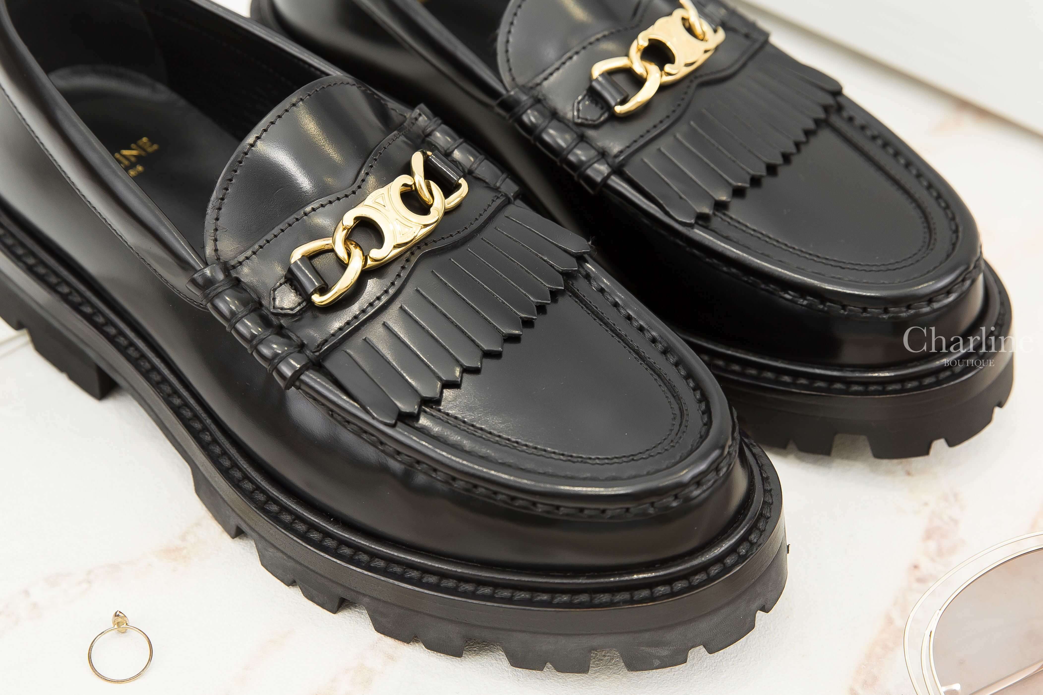 Celine Celine Margaret Loafer With Triomphe Chain In Polished Bull 黑色金色凱旋門流蘇小牛皮厚底樂福鞋