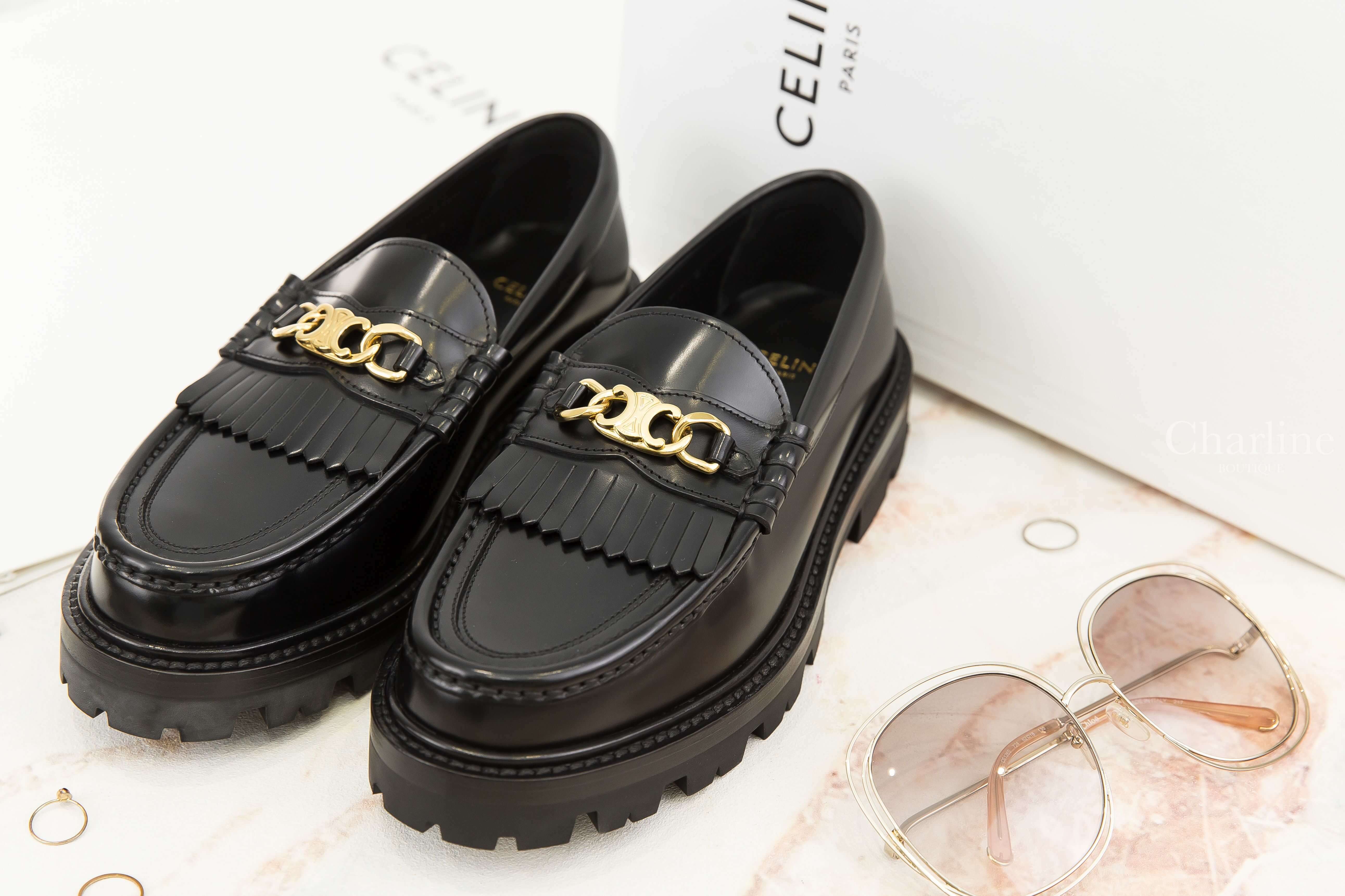 Celine Celine Margaret Loafer With Triomphe Chain In Polished Bull 黑色金色凱旋門流蘇小牛皮厚底樂福鞋-Charline Boutique 精品代購