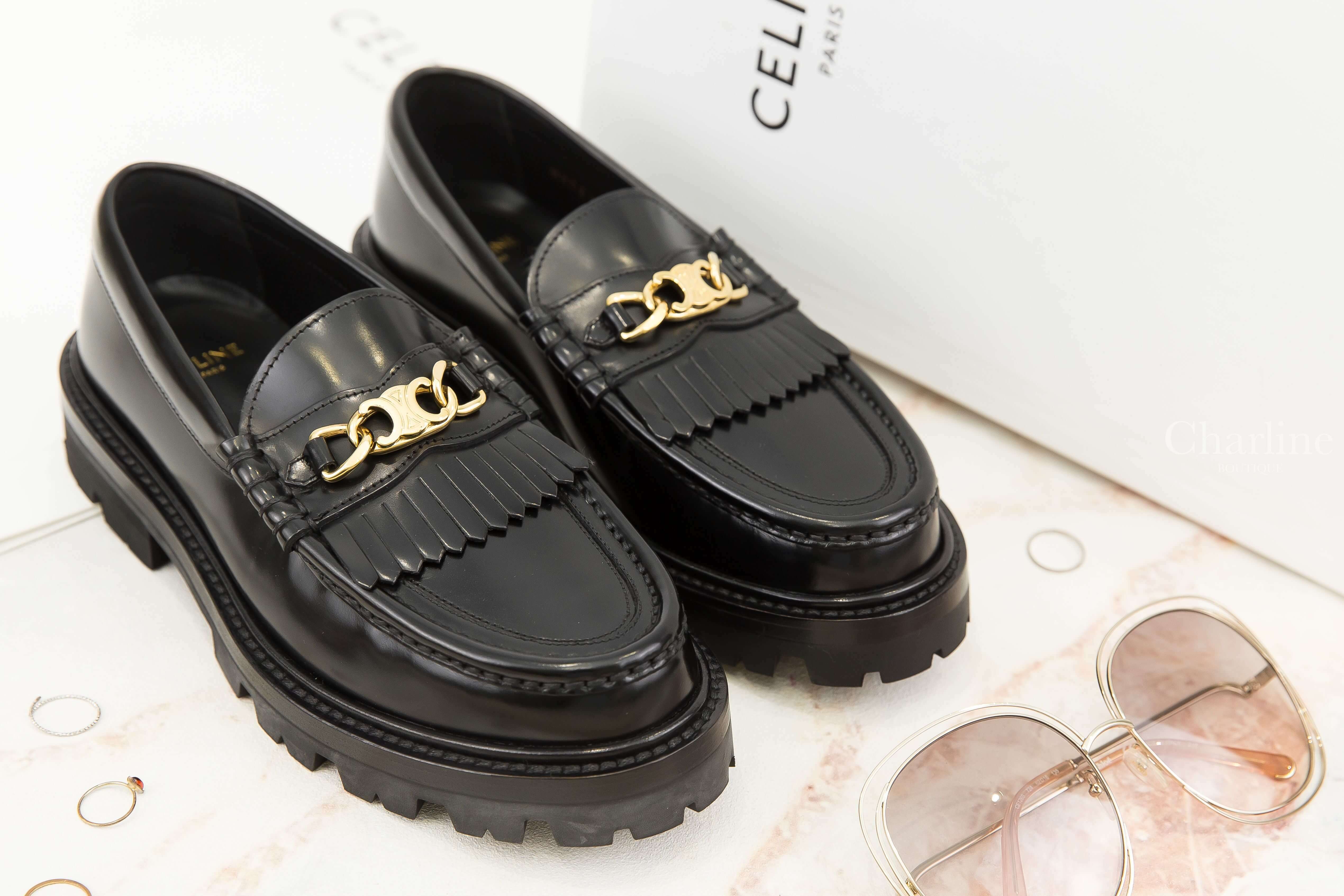 Celine Celine Margaret Loafer With Triomphe Chain In Polished Bull 黑色金色凱旋門流蘇小牛皮厚底樂福鞋-Charline Boutique 精品代購
