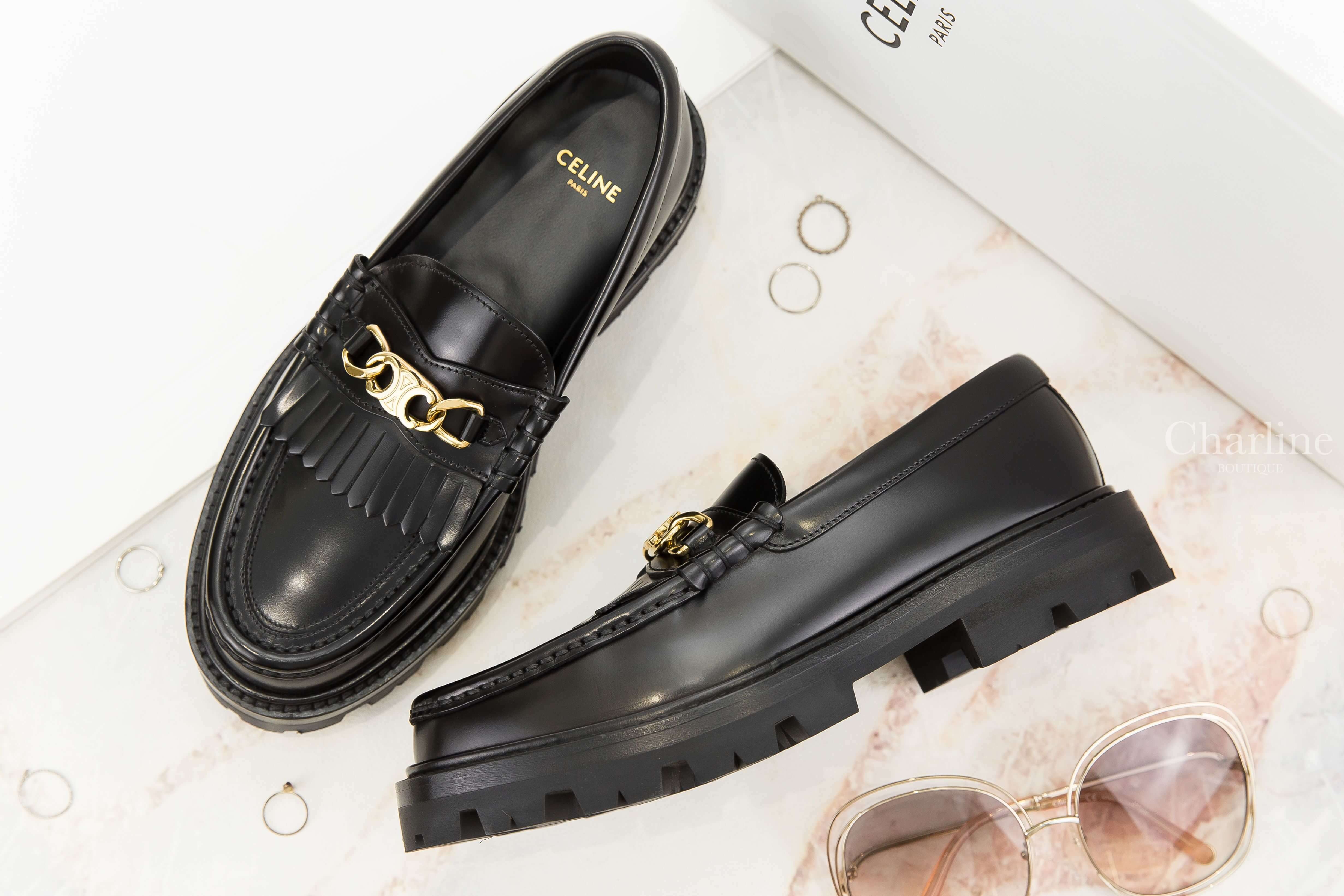 Celine Celine Margaret Loafer With Triomphe Chain In Polished Bull 黑色金色凱旋門流蘇小牛皮厚底樂福鞋-Charline Boutique 精品代購