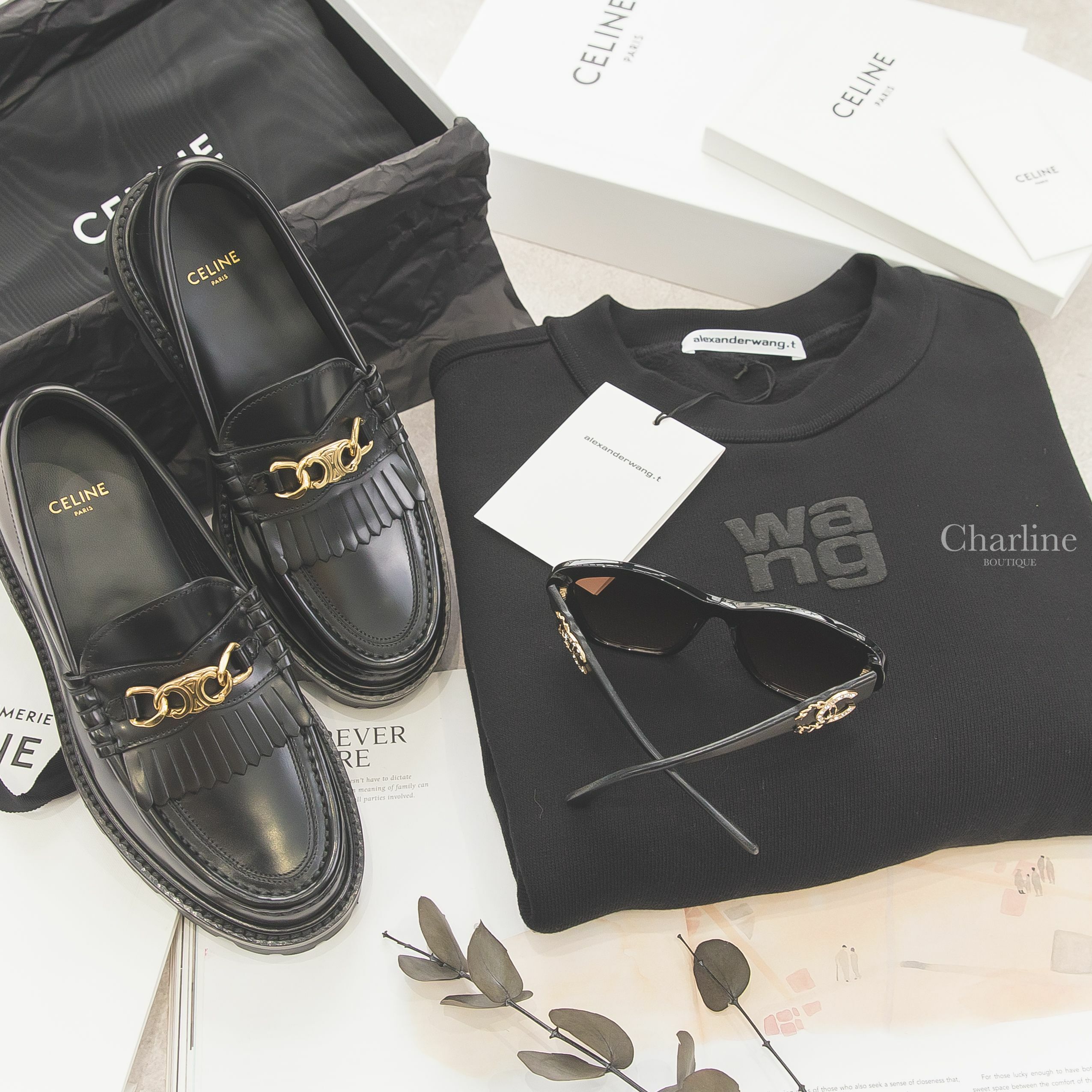 Celine 黑色金色凱旋門流蘇小牛皮厚底樂福鞋,Chanel 黑色蝴蝶型咖啡鏡片黑色鏡腳黑金皮穿鍊水鑽CC太陽眼鏡-Charline Boutique 精品代購