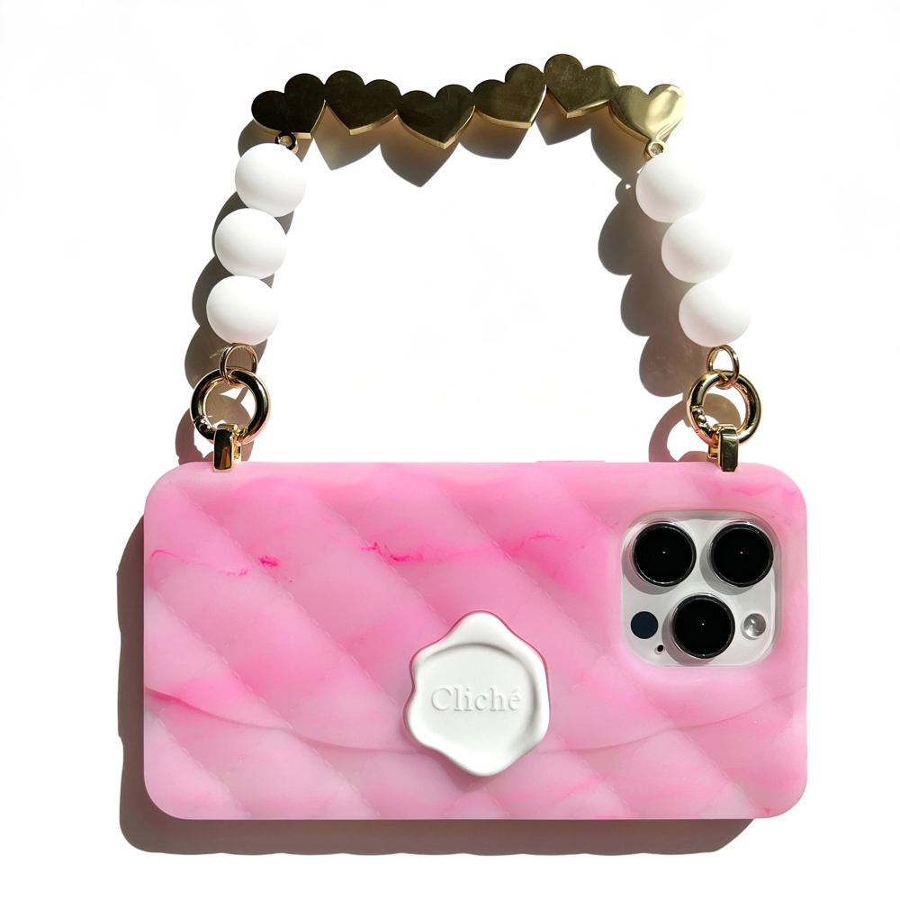 Candies iPhone 14 Pro - 心串珠鍊幻彩果凍晚宴包(螢光粉)