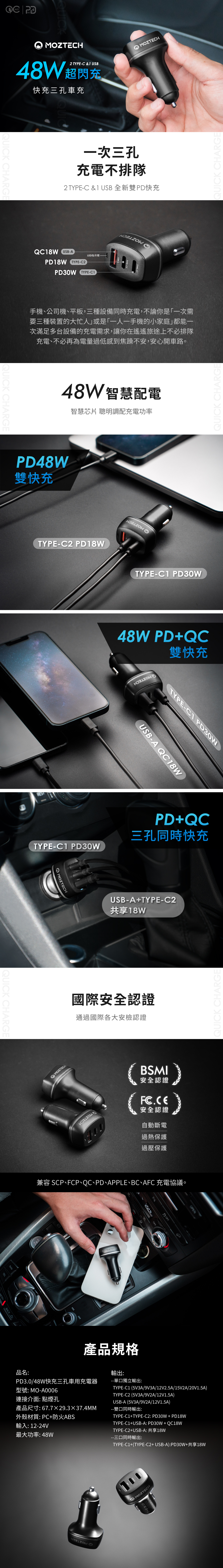 H2 TYPEC &1 USB48W超閃充快充三孔車充QUICK CHARGEQUICK CHARGEMZTECH一次三孔充電不排隊2 TYPE-C &1 USB 全新雙P快充Q8W USB-APD18W TYPE-C2LED指示燈PD30W TYPE-QUICK CHARGE手機、公司機、平板,三種設備同時充電,不論你是一次需要三種裝置的大忙人或是「一人一手機的小家庭」都能一次滿足多台設備的充電需求,讓你在遙遙旅途上不必排隊充電、不必再為電量過低感到焦躁不安,安心開車路。48W智慧配電智慧芯片 聰明調配充電功率PD48W雙快充TYPE-C2 PD18WQUICK CHARGEQUICK CHARGETYPE-C1 PD30W48W PD+QC雙快充TYPE-C1 PD30WMOZTECHBACK DTYPE-C1 PD30WUSB-A QC18WPD+QC三孔同時快充USB-A+TYPE-C2共享18W國際安全認證通過國際各大安檢認證MOZTECBSMI安全認證安全認證自動斷電過熱保護過壓保護兼容 SCP、FCP、QC、PD、APPLE、BC、AFC 充電協議。MOZTEC產品規格OFFQUICK CHARGEOPEN品名:PD3.0/48W快充三孔車用充電器型號: MO-A0006連接介面: 點煙孔產品尺寸:67.729.337.4MM外殼材質:PC+防火ABS輸出:--單口獨立輸出:TYPE-C1 (5V3A/9V3A/12V2.5A/15V2A/20V1.5A)TYPE-C2 (5V3A/9V2A/12V1.5A)USB-A (5V3A/9V2A/12V1.5A)--雙口同時輸出:TYPE-C1+TYPE-C2:PD30W+PD18W輸入: 12-24V最大功率:48W OTYPE-C1+USB-A:PD30W+QC18WTYPE-C2+USB-A: 共享18W--三口同時輸出:TYPE-C1+(TYPE-C2+ USB-A):PD30W+共享18WMOZTECH