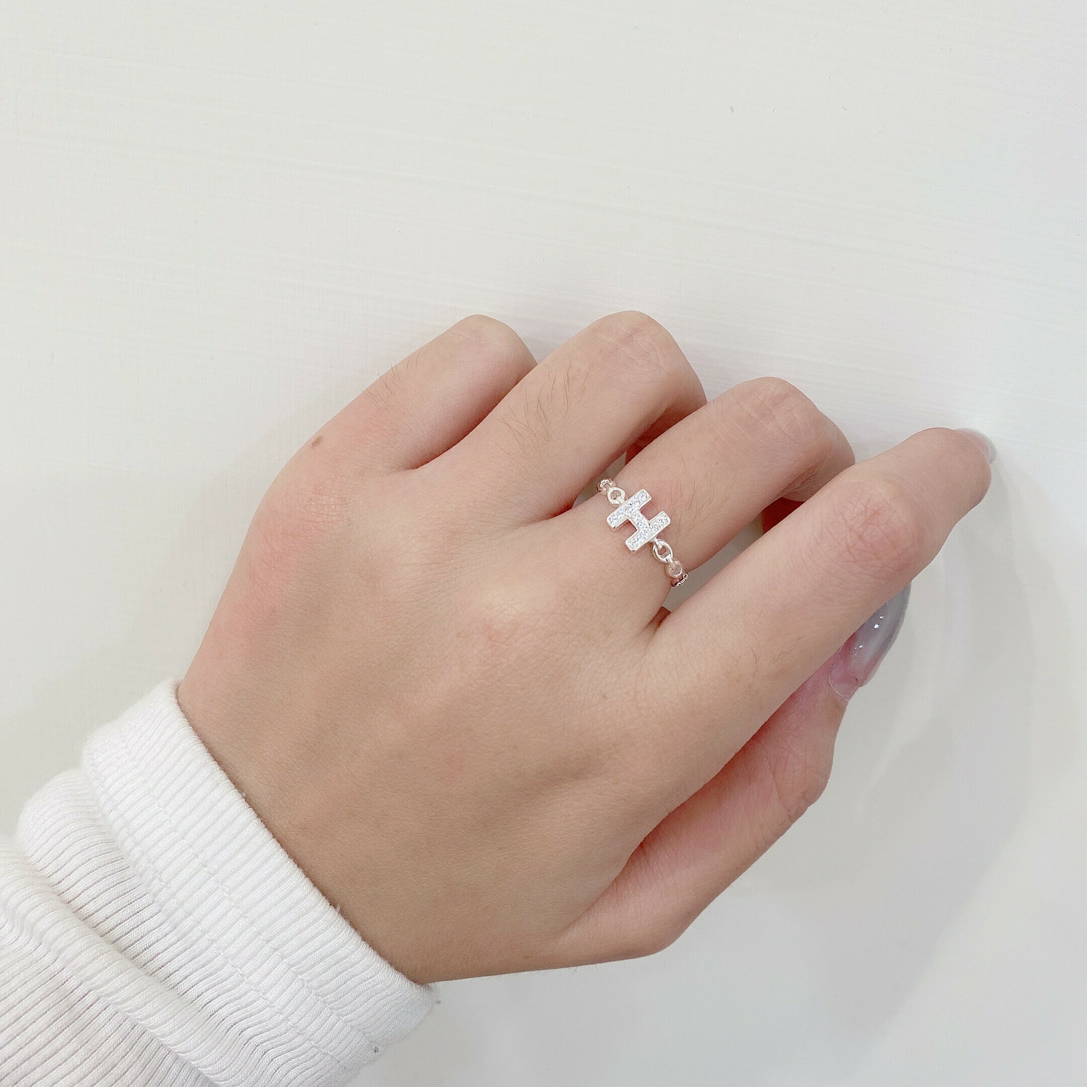 H字小鑽鏈條純銀戒指