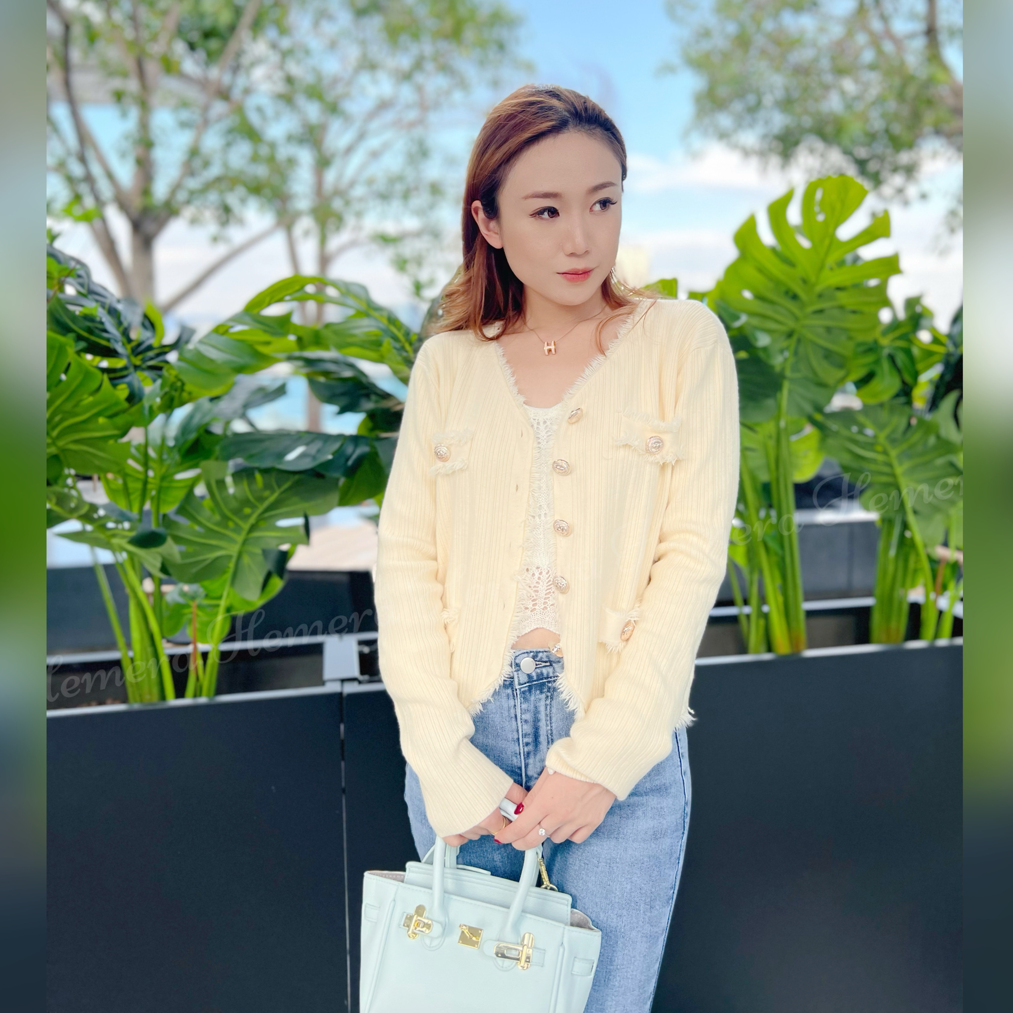 古典美小香風金鈕毛毛邊直坑紋外套 JK22S1027