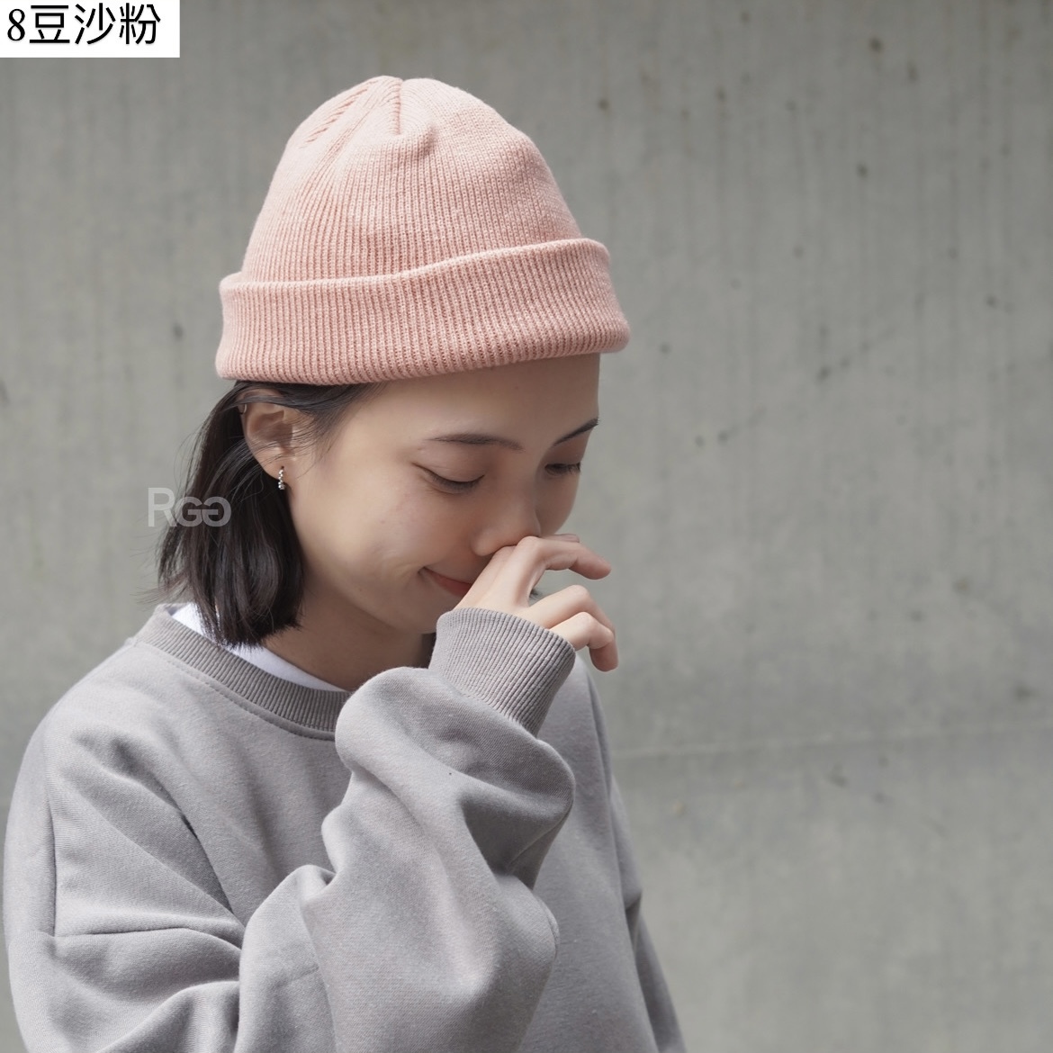 韓國針織毛帽豆沙粉實穿照