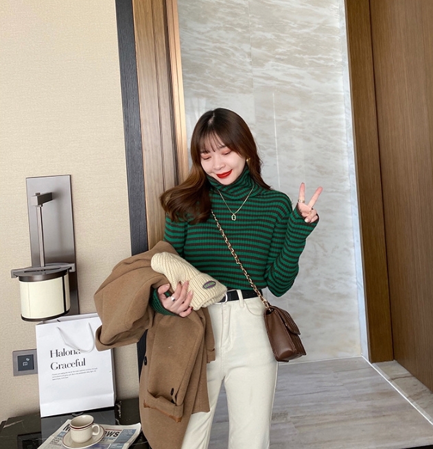 ᴷᴼᴿᴱᴬ 🇰🇷<現貨>條紋高領針織上衣