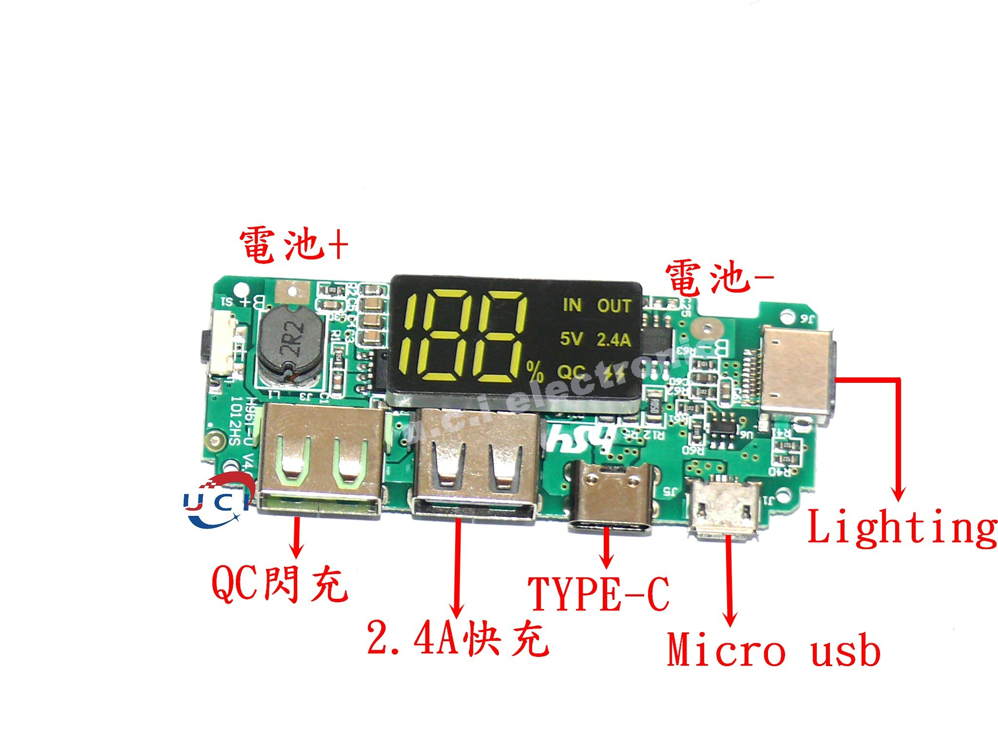 【UCI電子】(8-7) 18650鋰電池數顯充電模組5V2.4A5V2.4A三種充電口 帶顯示升壓模組