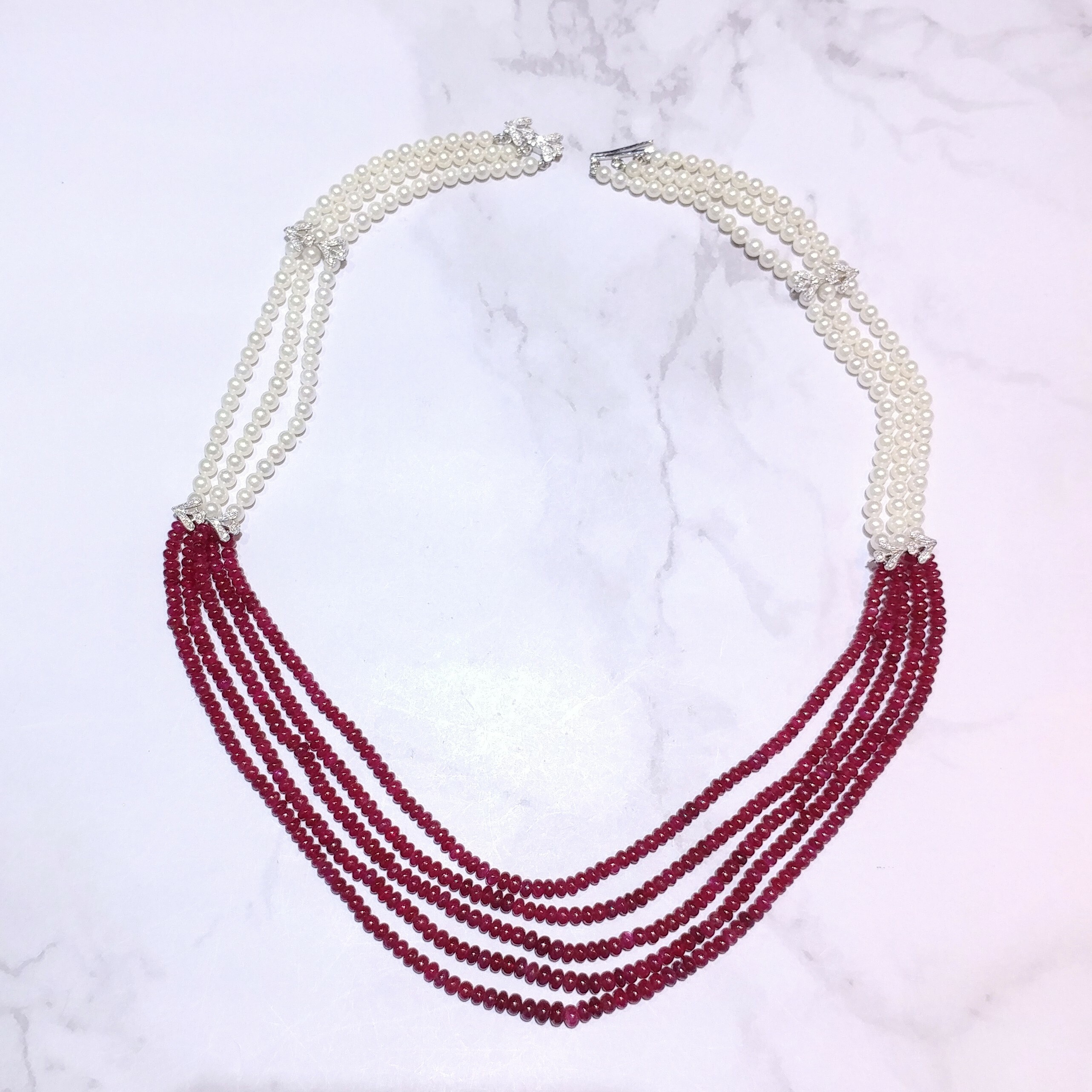 18K White Gold Cultured Pearl, Ruby Bead and Diamond Necklace