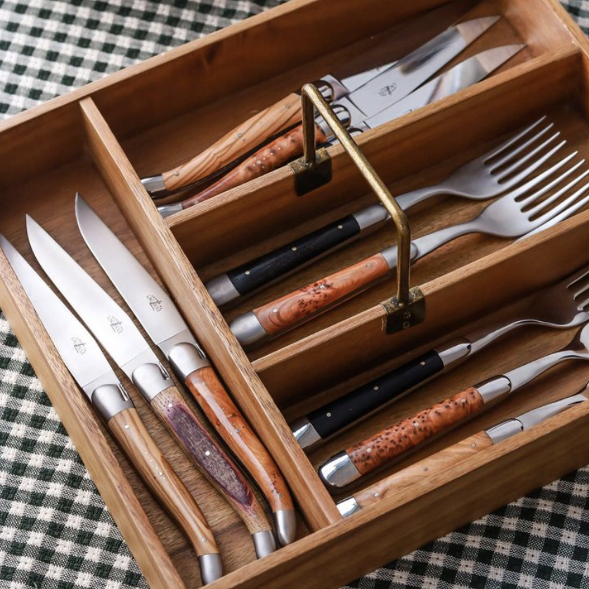 FORGE DE LAGUIOLE | 橄欖木握柄牛排刀2件禮盒組 (亮/霧面)