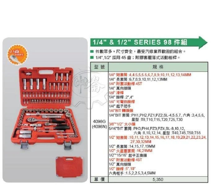 ＊中崙五金【附發票】台灣製 ALSTRONG 2分+4分 專業98件套筒組 ALS-4098N 適合:汽車 機車維修