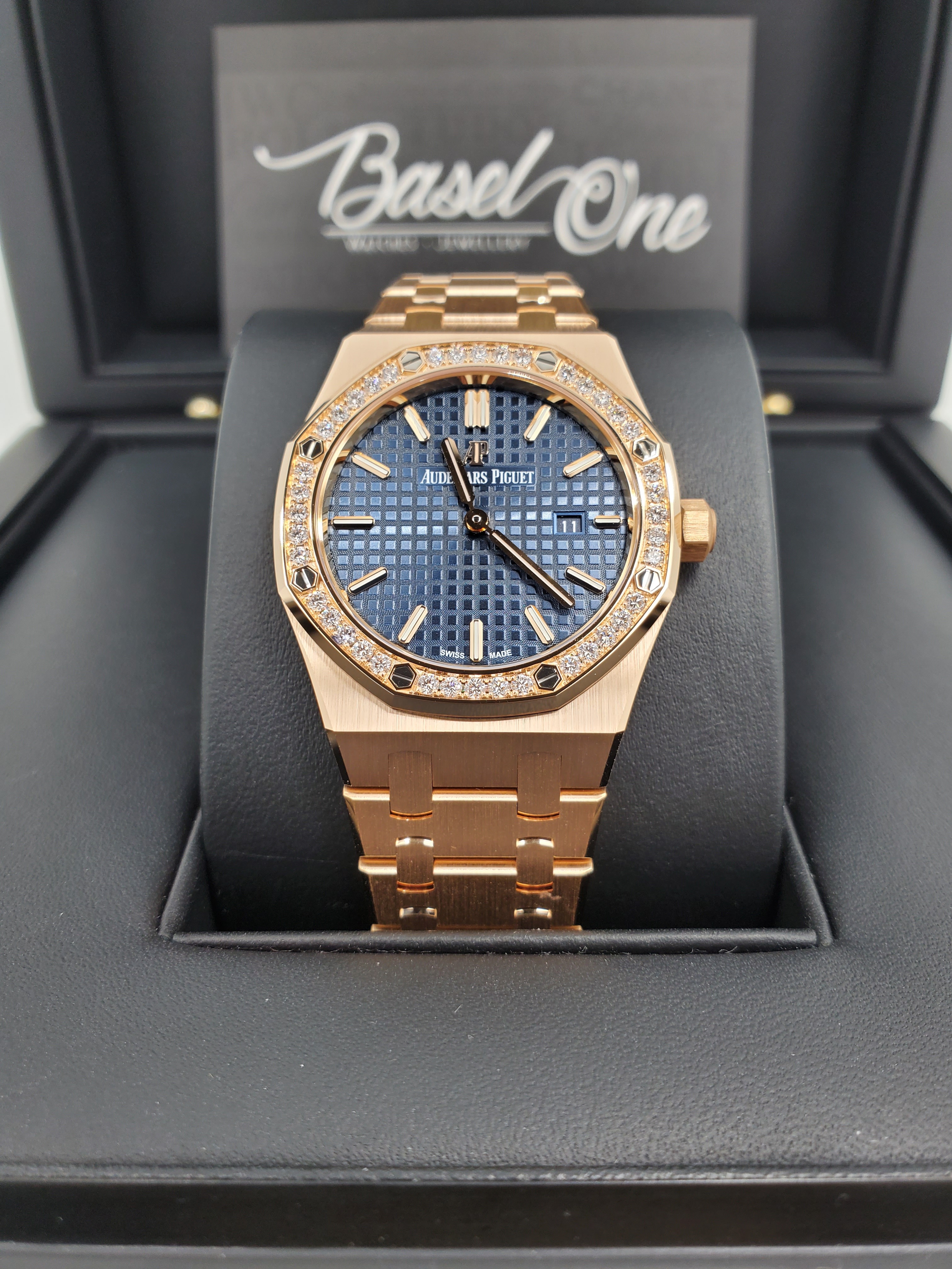BRAND NEW 67651OR 67651 AUDEMARS PIGUET BLUE DAIL DIAMOND ROSE GOLD STEEL ROYAL OAK QUARTZ 33 MM