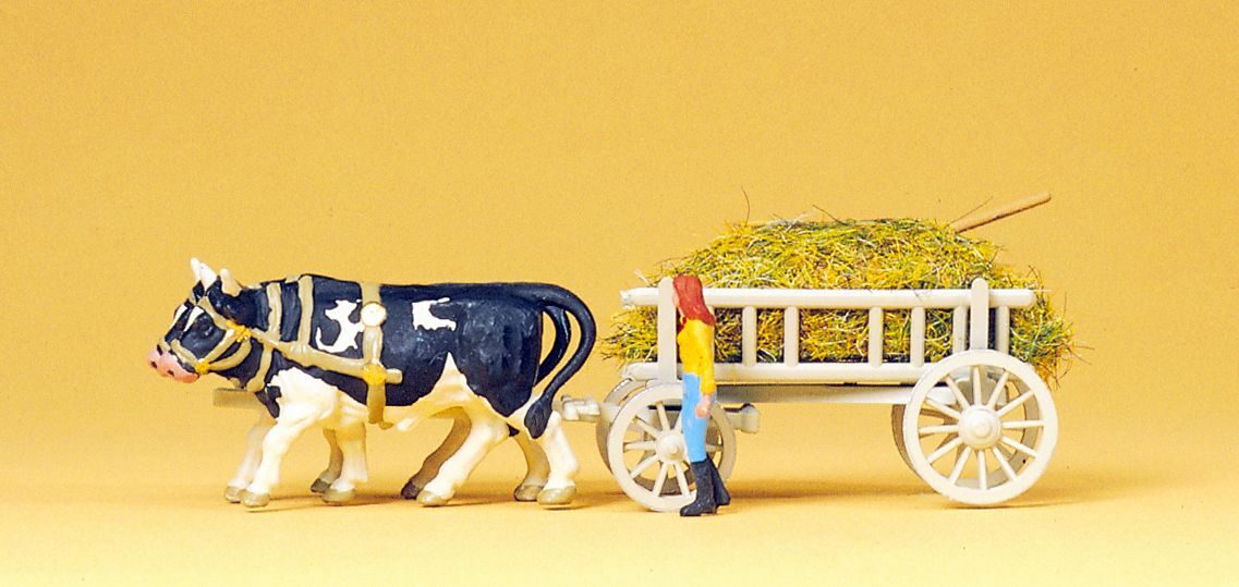 Preiser 30472 HO規  2-horse grass wagon with oxen 載糧草的牛