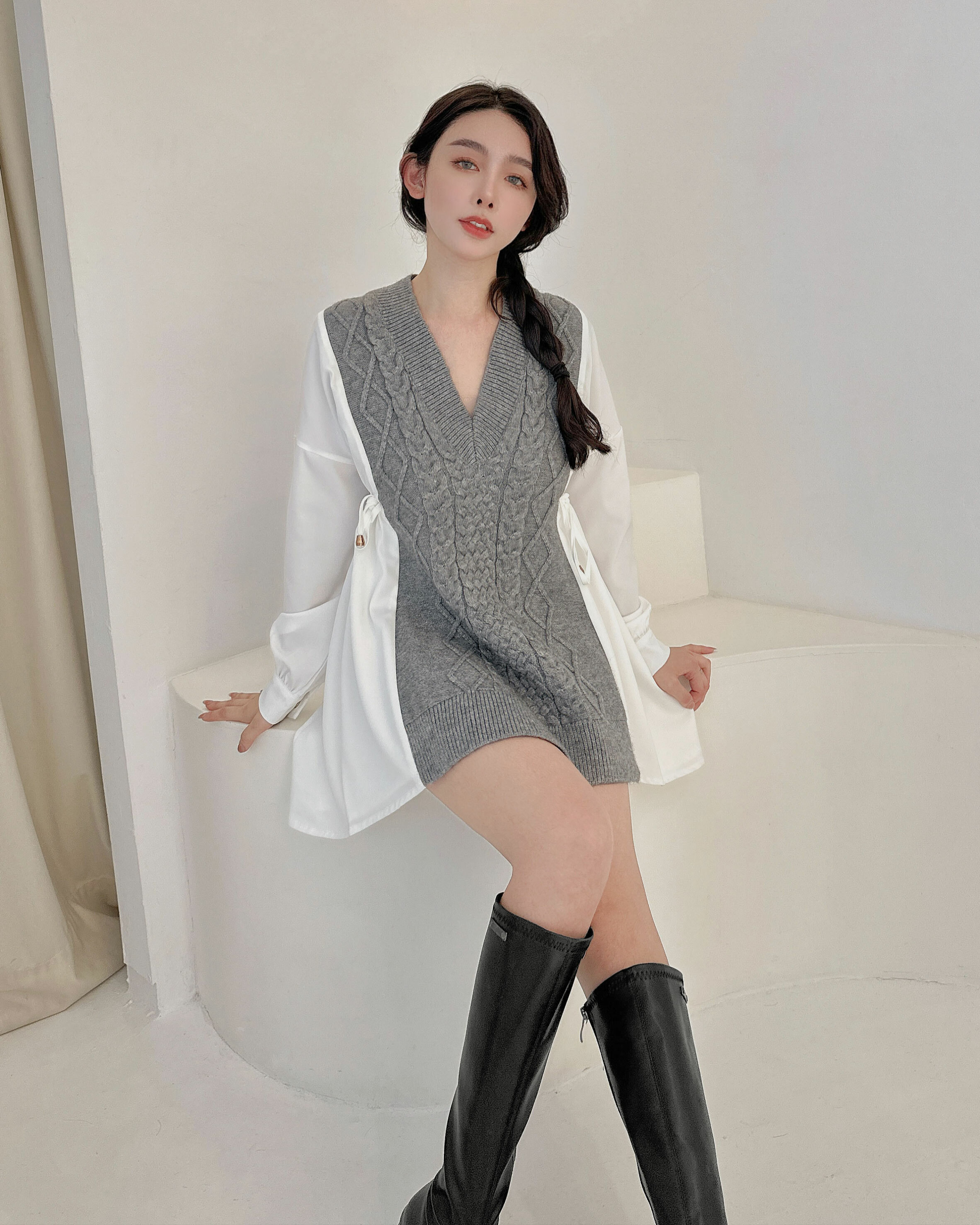 訂製-質感麻花織紋拼接襯衫洋