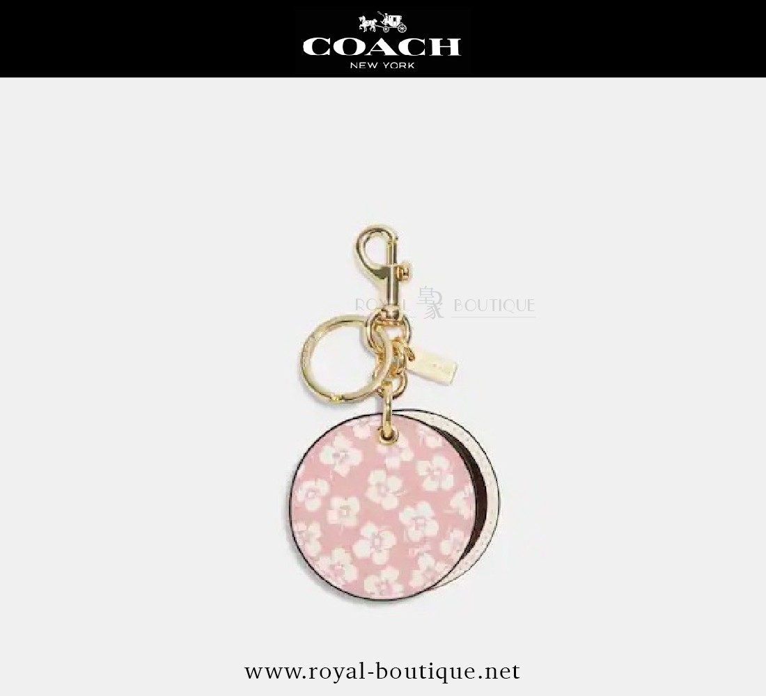 COACH 粉色小花圓形鏡扣環鑰匙圈