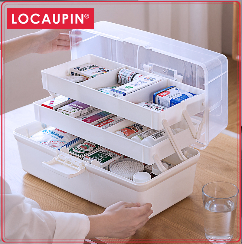 Locaupin Portable Handle Medicine first aid Box Plastic Medicine Basic  Organizer. Family small Safety Emergency Medical