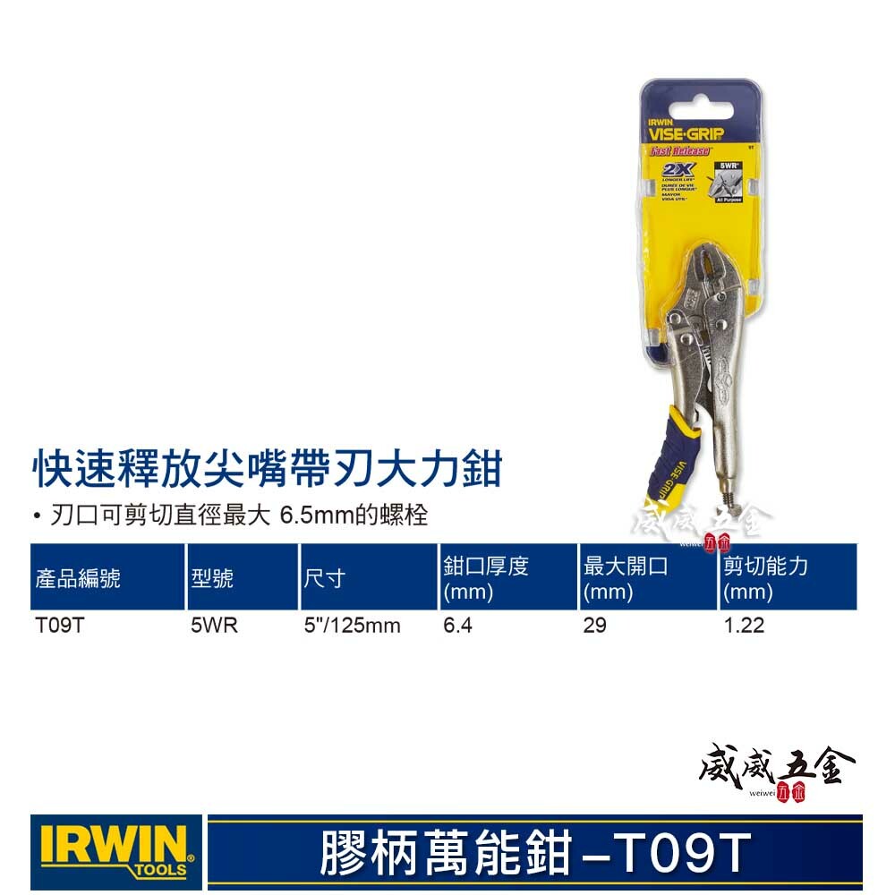 美國 IRWIN 握手牌｜膠柄 5WR｜人體工學握柄膠柄萬能鉗 5" 快速釋放式固定鉗 萬能夾鉗｜T09T