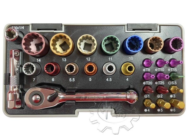 ＊中崙五金【附發票】 ALSTRONG 彩色BID 1/4" 套筒28件組 六角星型套筒 2分棘輪套筒組 MTL-028