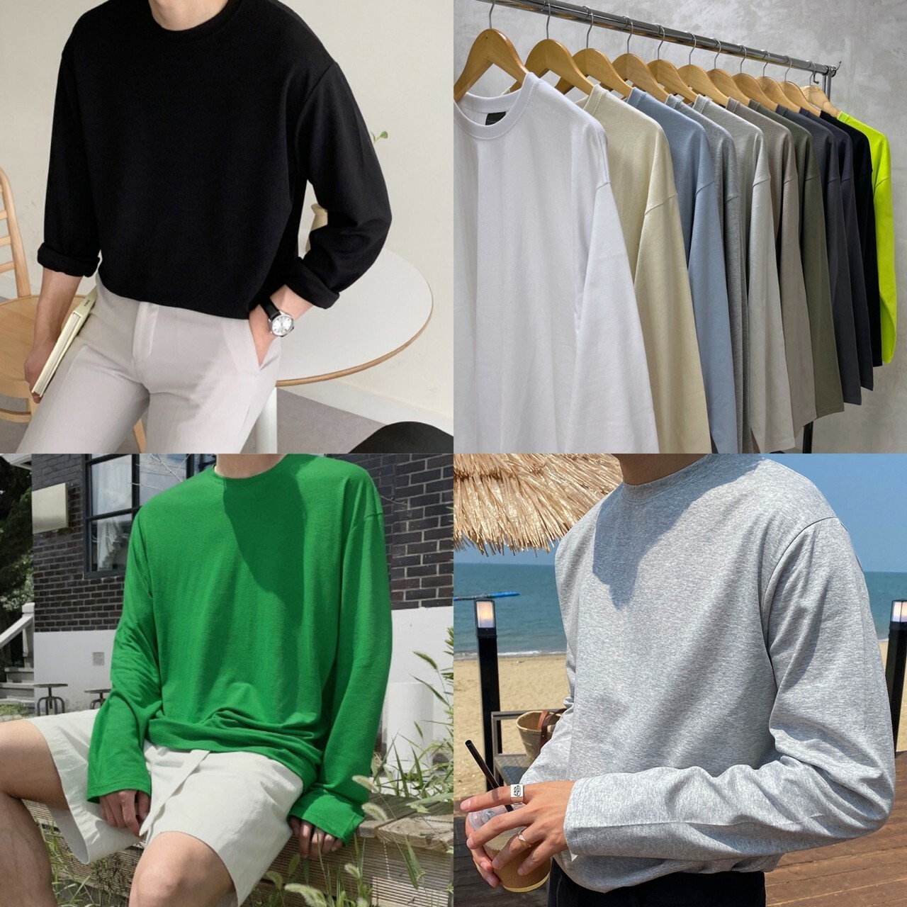 韓國 寬鬆百搭 素色薄長袖 單穿內搭長T 男女款 情侶衣