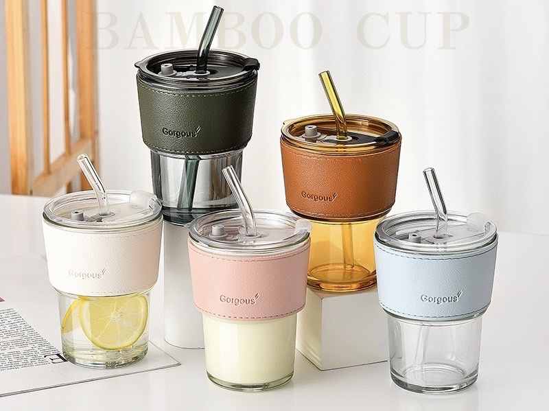 《1087》質感皮革手拿玻璃杯400ml