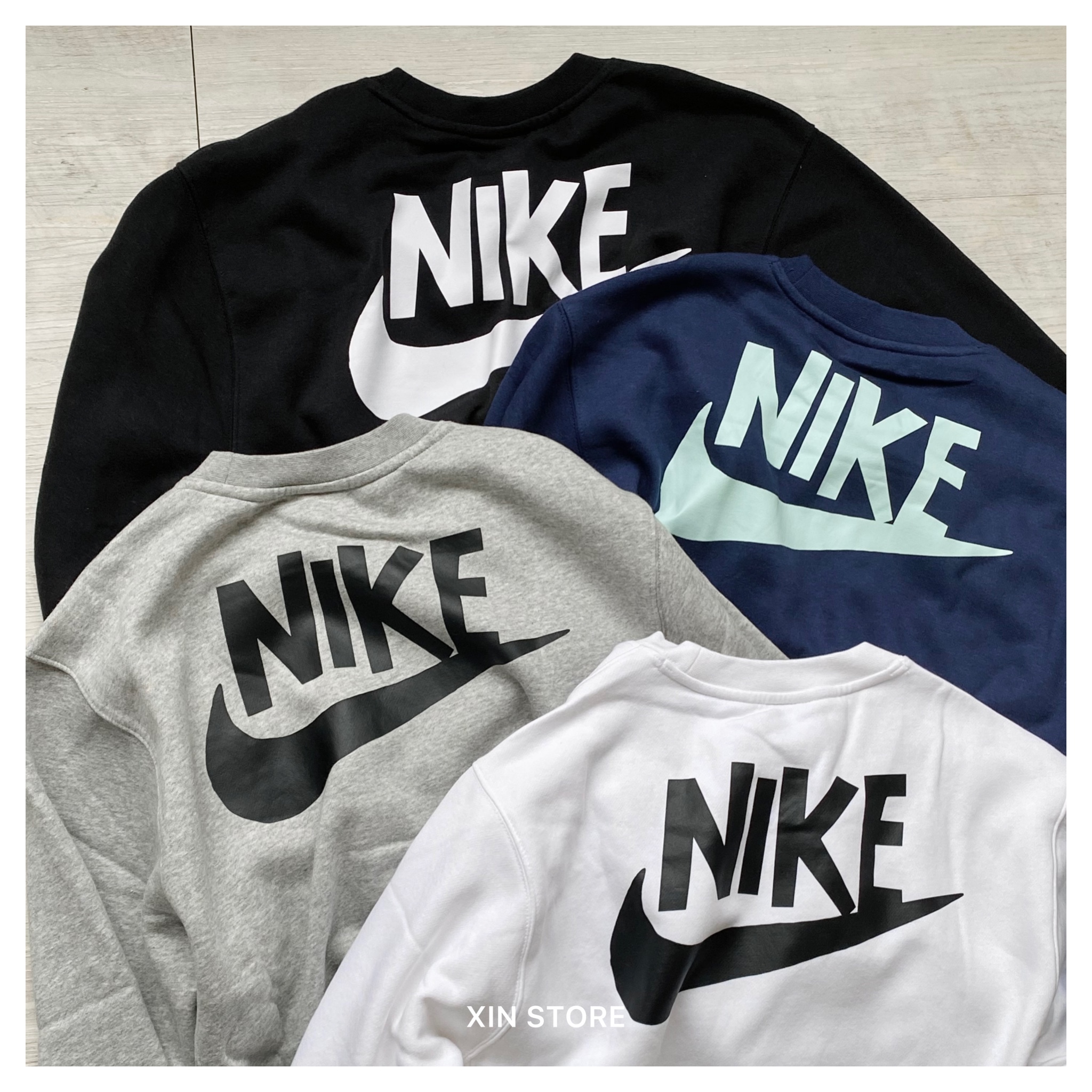 Nike NSW Crew 長袖太陽彩虹刺繡內刷毛背面大字勾大學Tee 黑灰白深藍