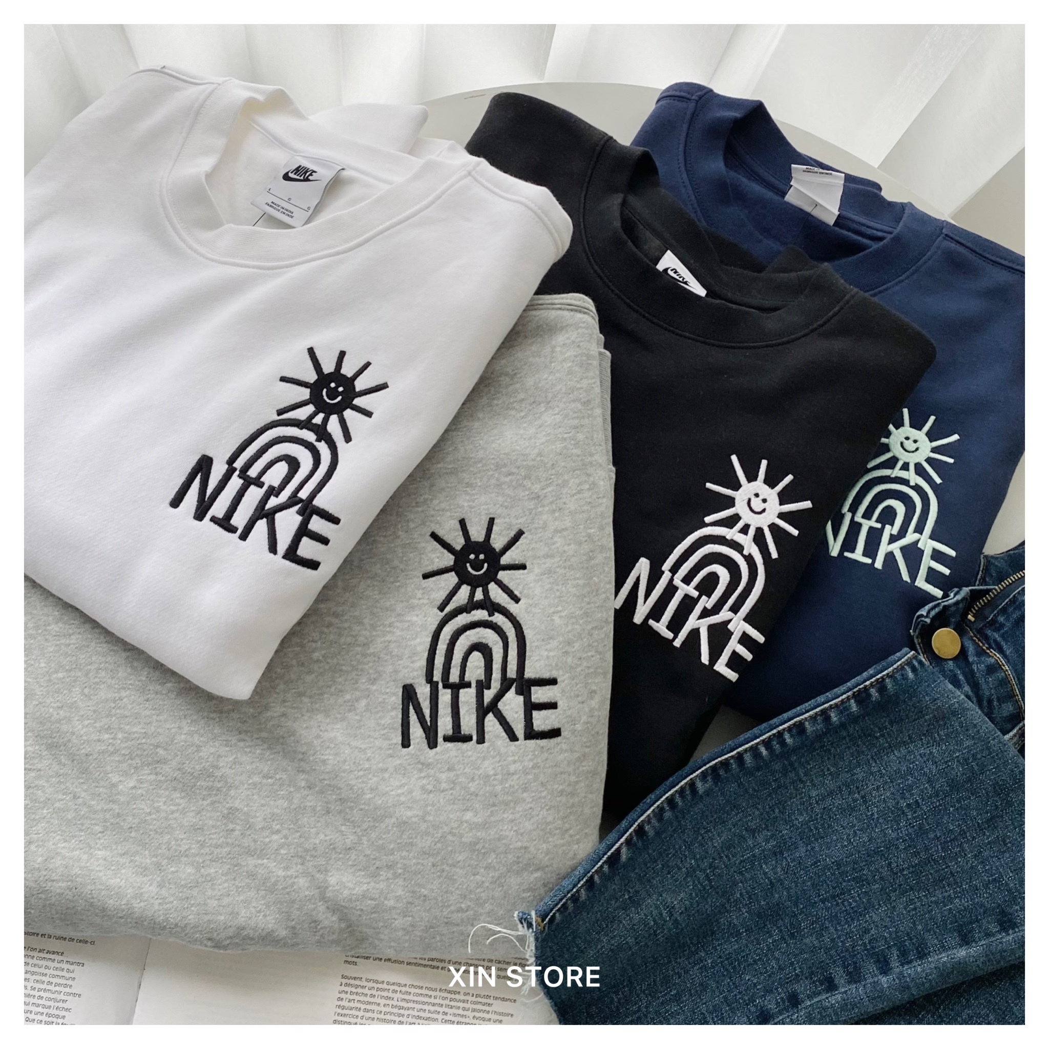 Nike NSW Crew 長袖太陽彩虹刺繡內刷毛背面大字勾大學Tee 黑灰白深藍