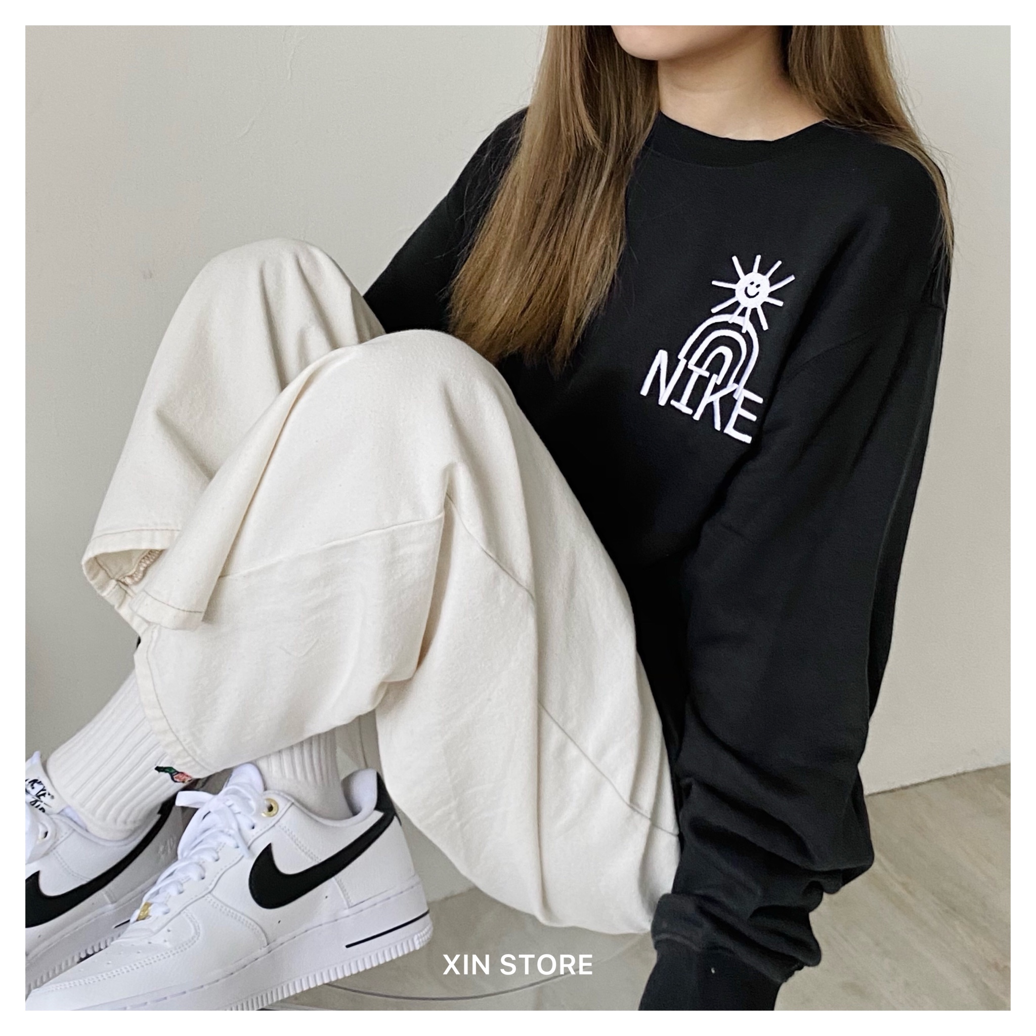 Nike NSW Crew 長袖太陽彩虹刺繡內刷毛背面大字勾大學Tee 黑灰白深藍