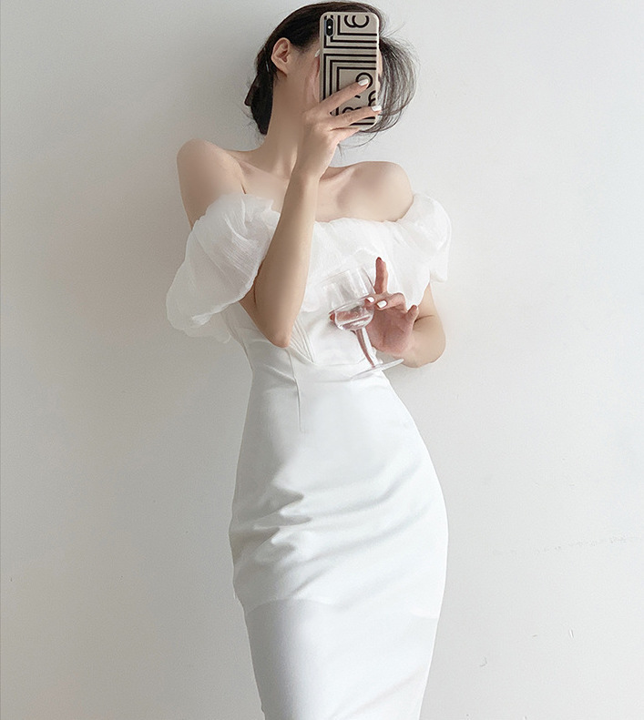 高級感 空氣感網紗 平口露肩小禮服(黑/白/杏)