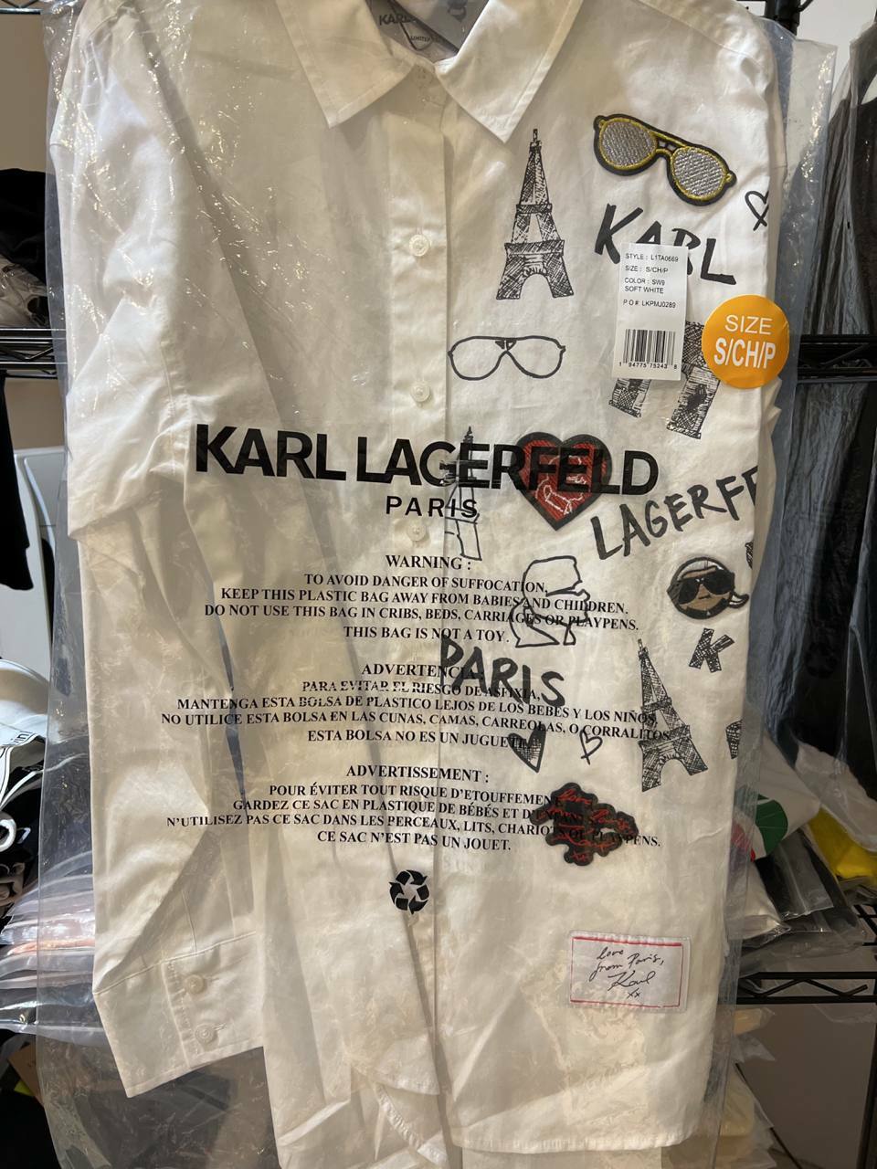 [S] KARL LAGERFELD POPLIN EMOJI LOGO LONG SLEEVE BUTTON FRONT SHIRT,WHITE, L1TA0669-SW9 (SKL294)