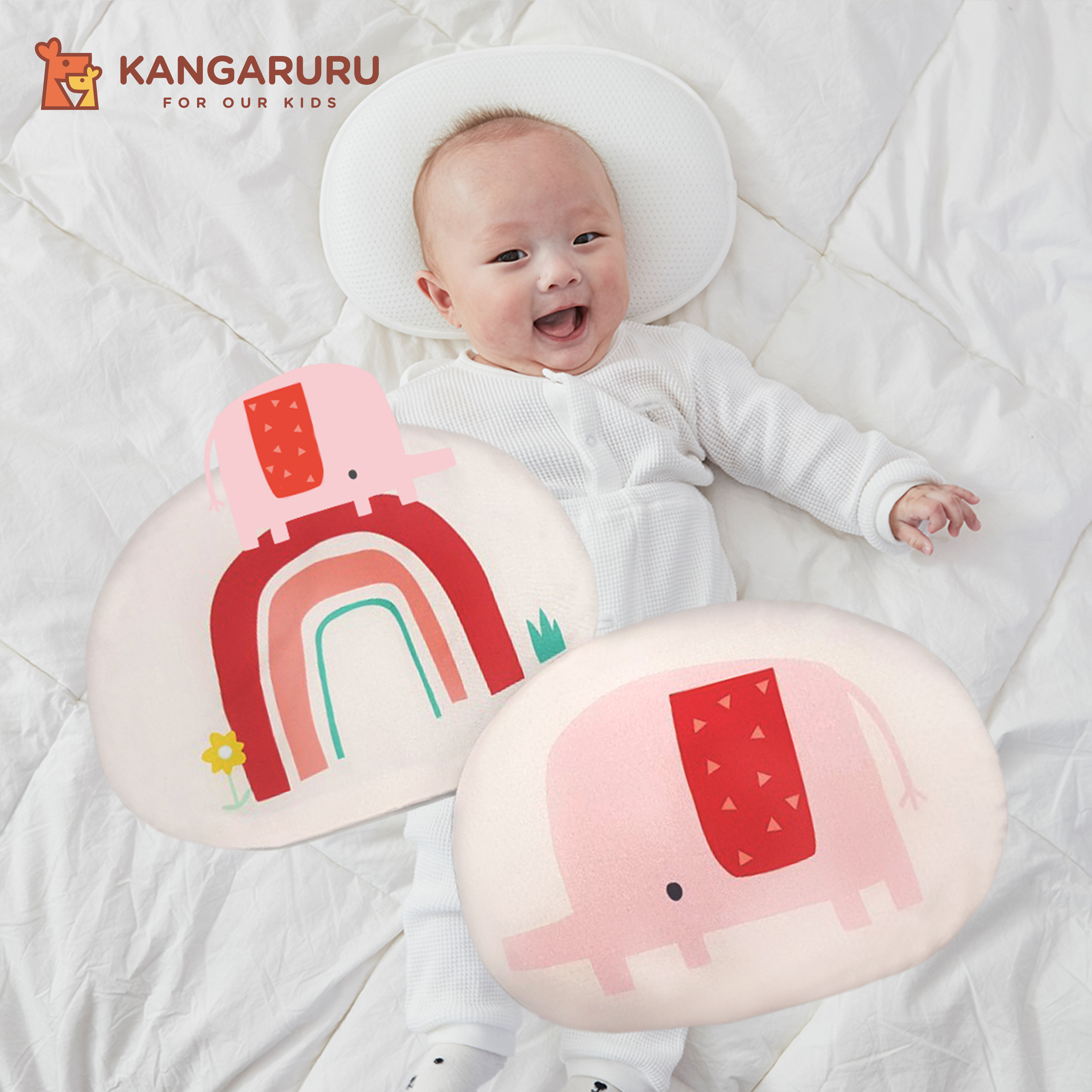新生兒2.5護脊護頭嬰兒枕【粉紅小象Pinko】-韓國Kangaruru袋鼠寶寶甜睡安全寢具