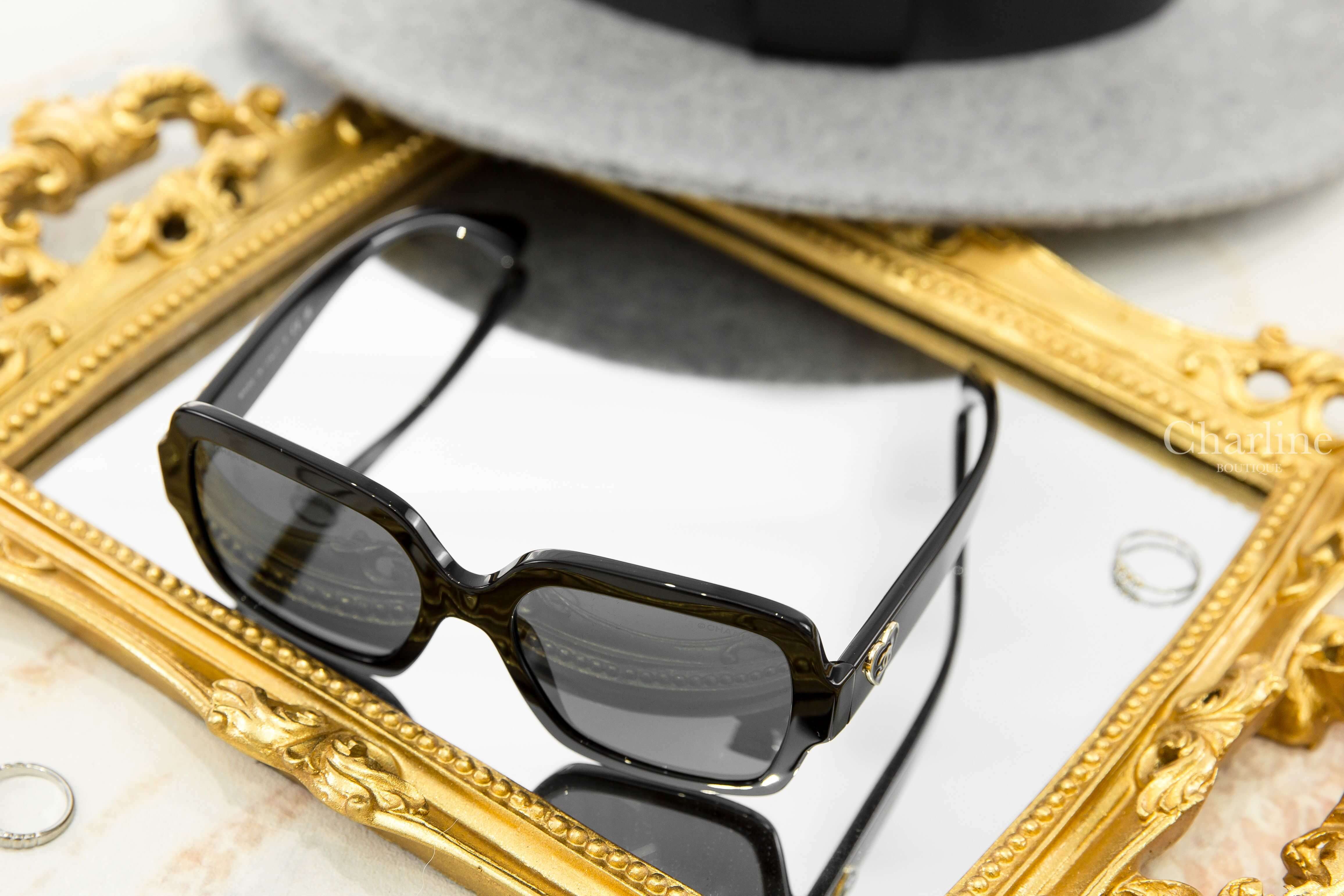 Chanel Square Sunglasses 黑色方框灰色鏡片側邊愛心CC太陽眼鏡-Charline Boutique 精品代購