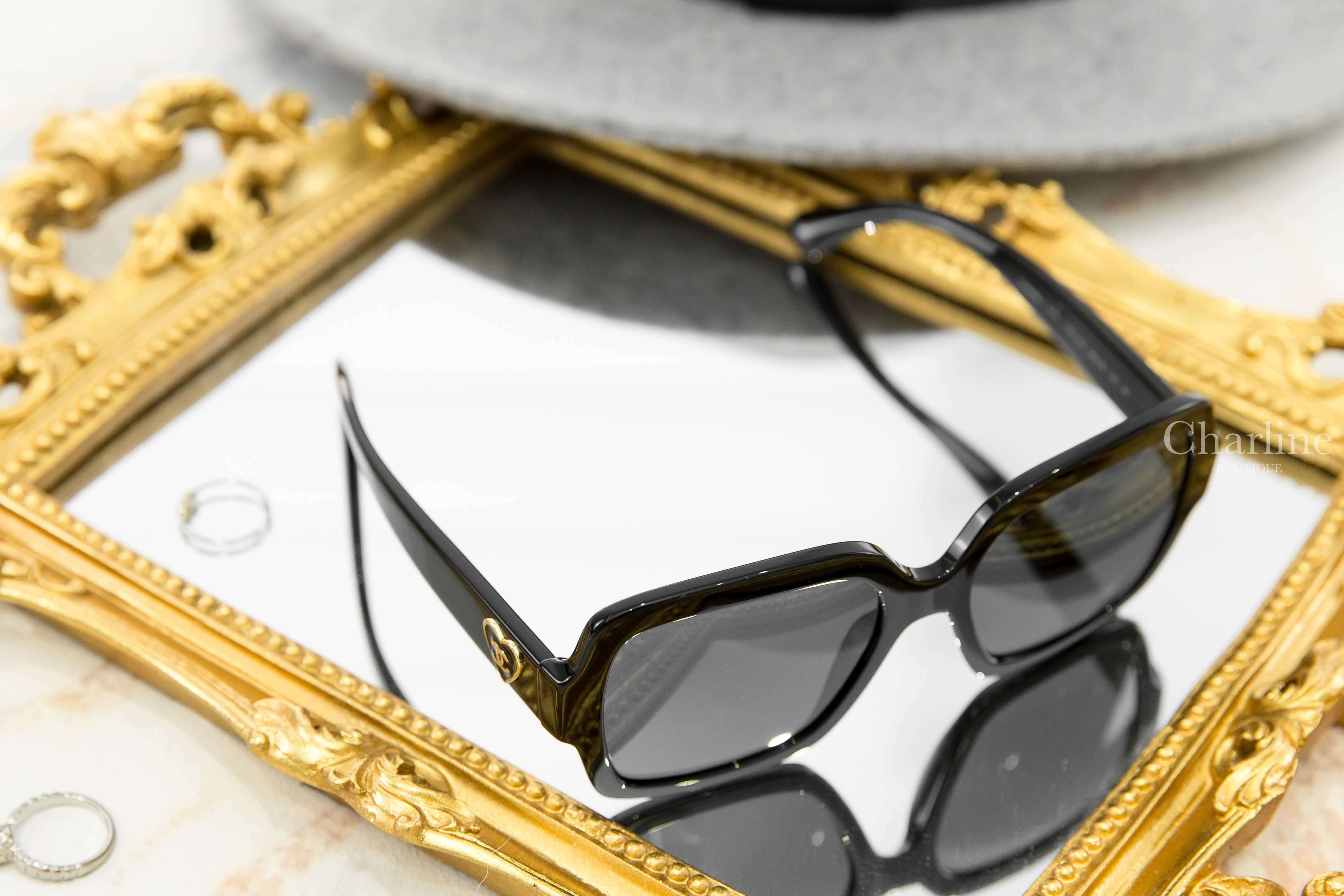 Chanel Square Sunglasses 黑色方框灰色鏡片側邊愛心CC太陽眼鏡-Charline Boutique 精品代購