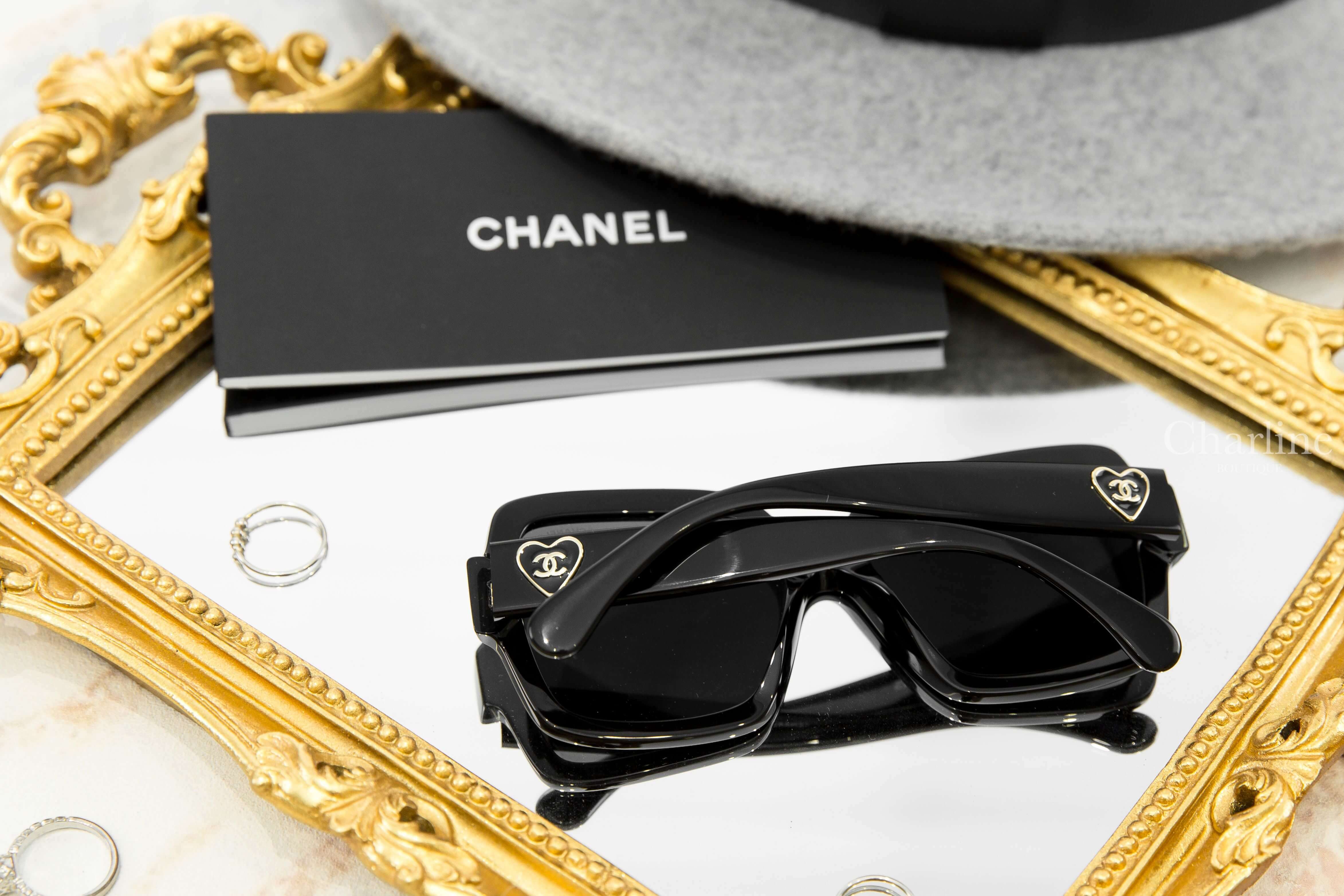 Chanel Square Sunglasses 黑色方框灰色鏡片側邊愛心CC太陽眼鏡-Charline Boutique 精品代購