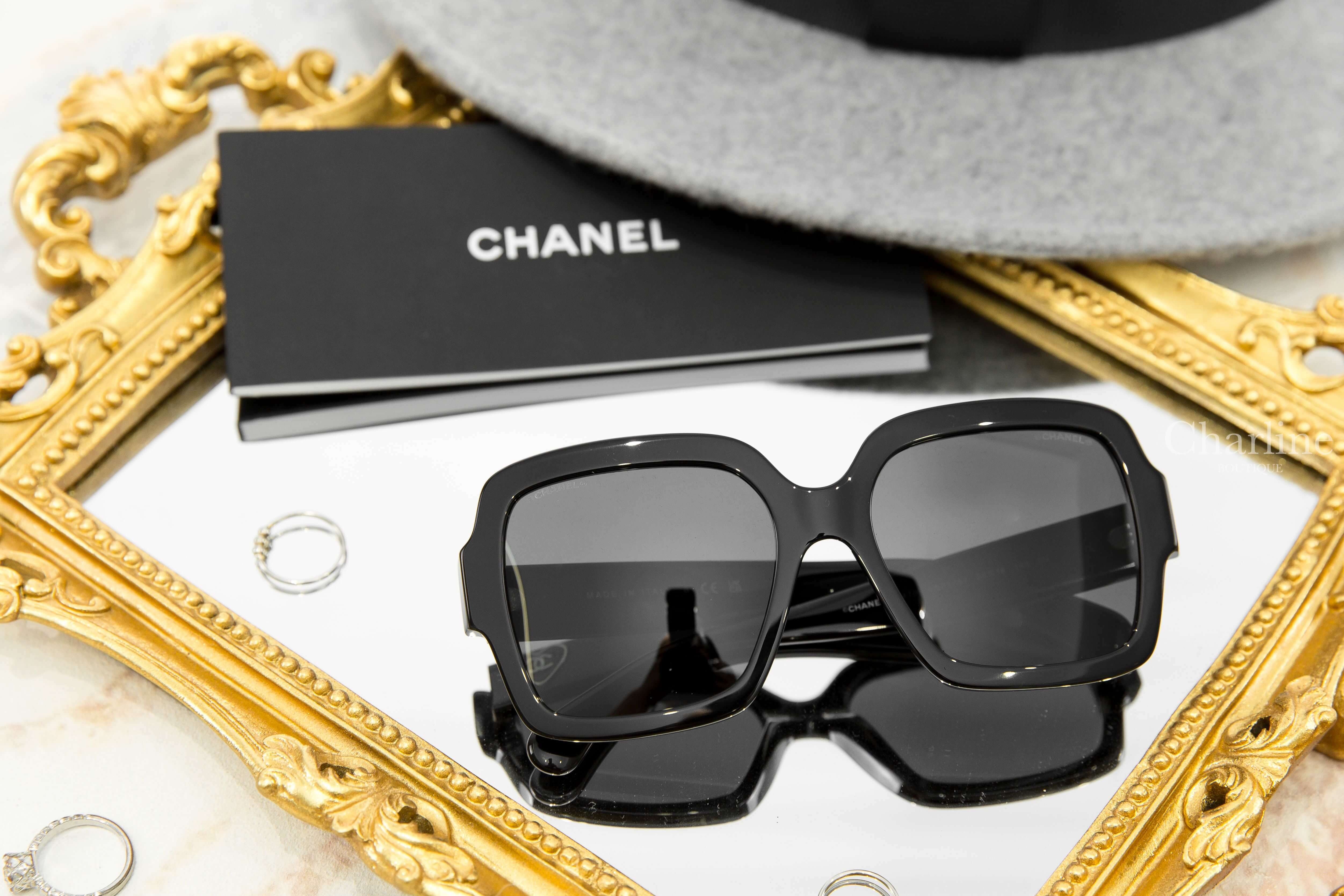 Chanel Square Sunglasses 黑色方框灰色鏡片側邊愛心CC太陽眼鏡-Charline Boutique 精品代購