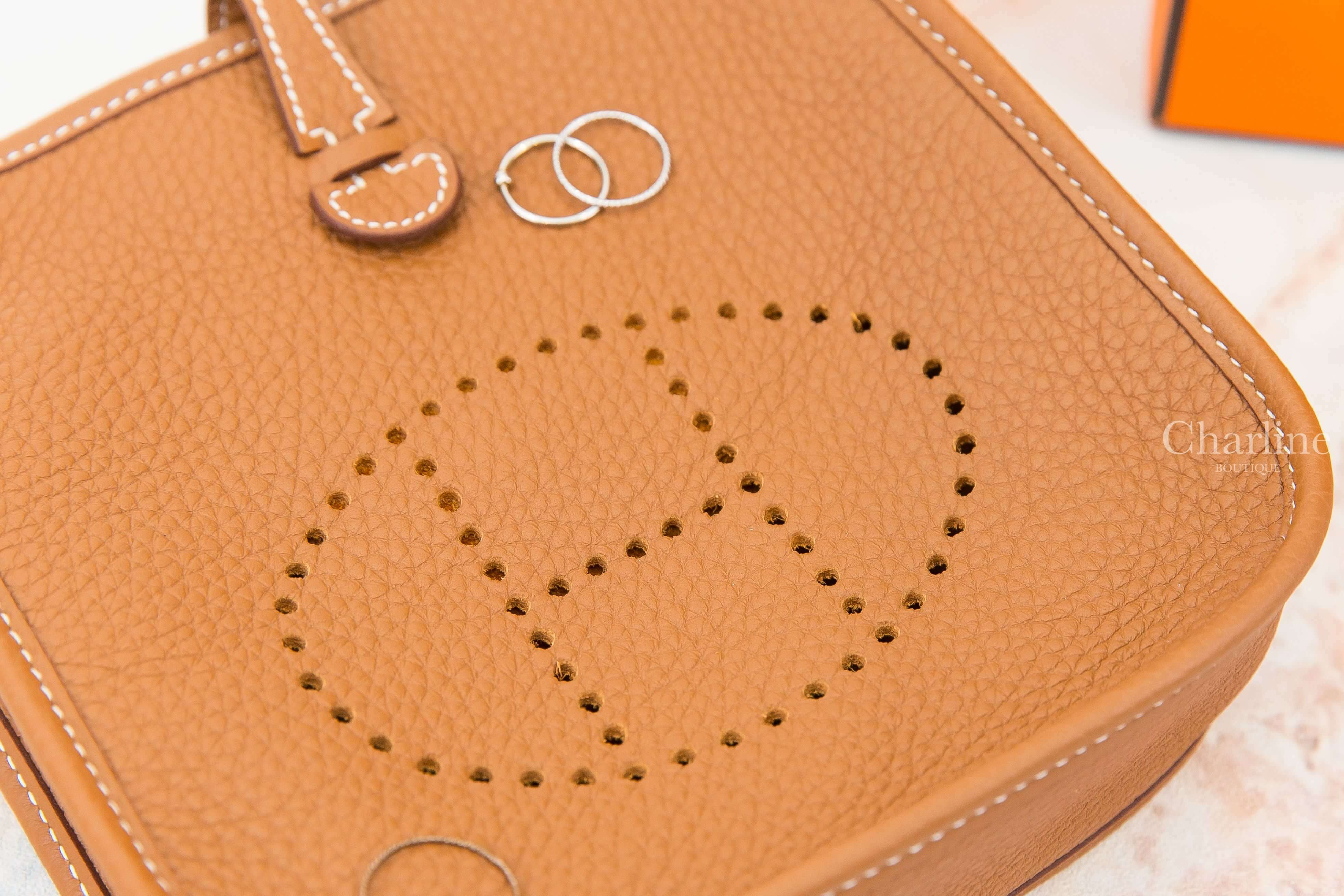 Hermès Evelyne TPM 16cm 37 Gold Taurillon Clemence 焦糖色銀釦圓點背帶簍空洞洞肩背包