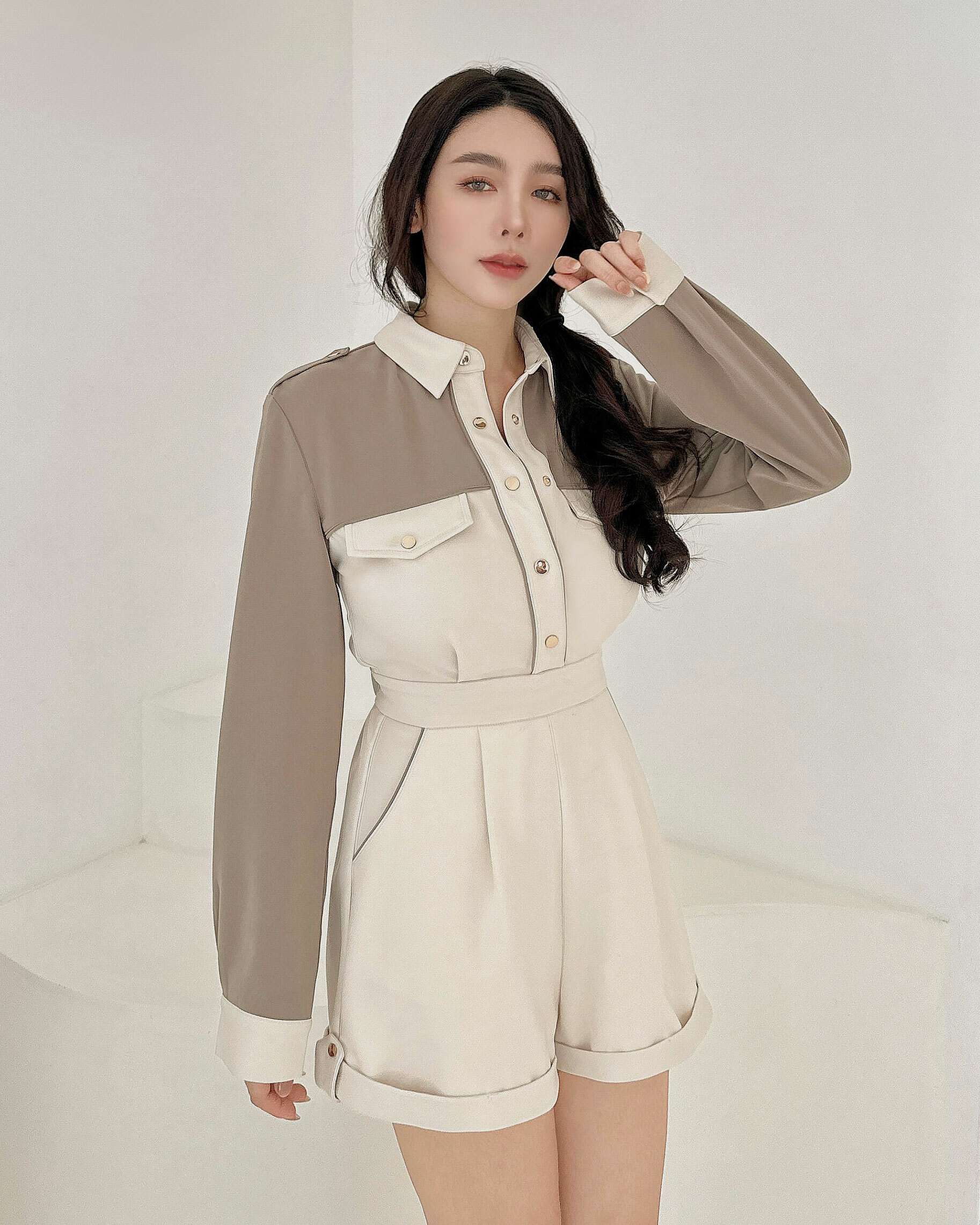 ⭒訂製-休閒撞色有領連身短褲