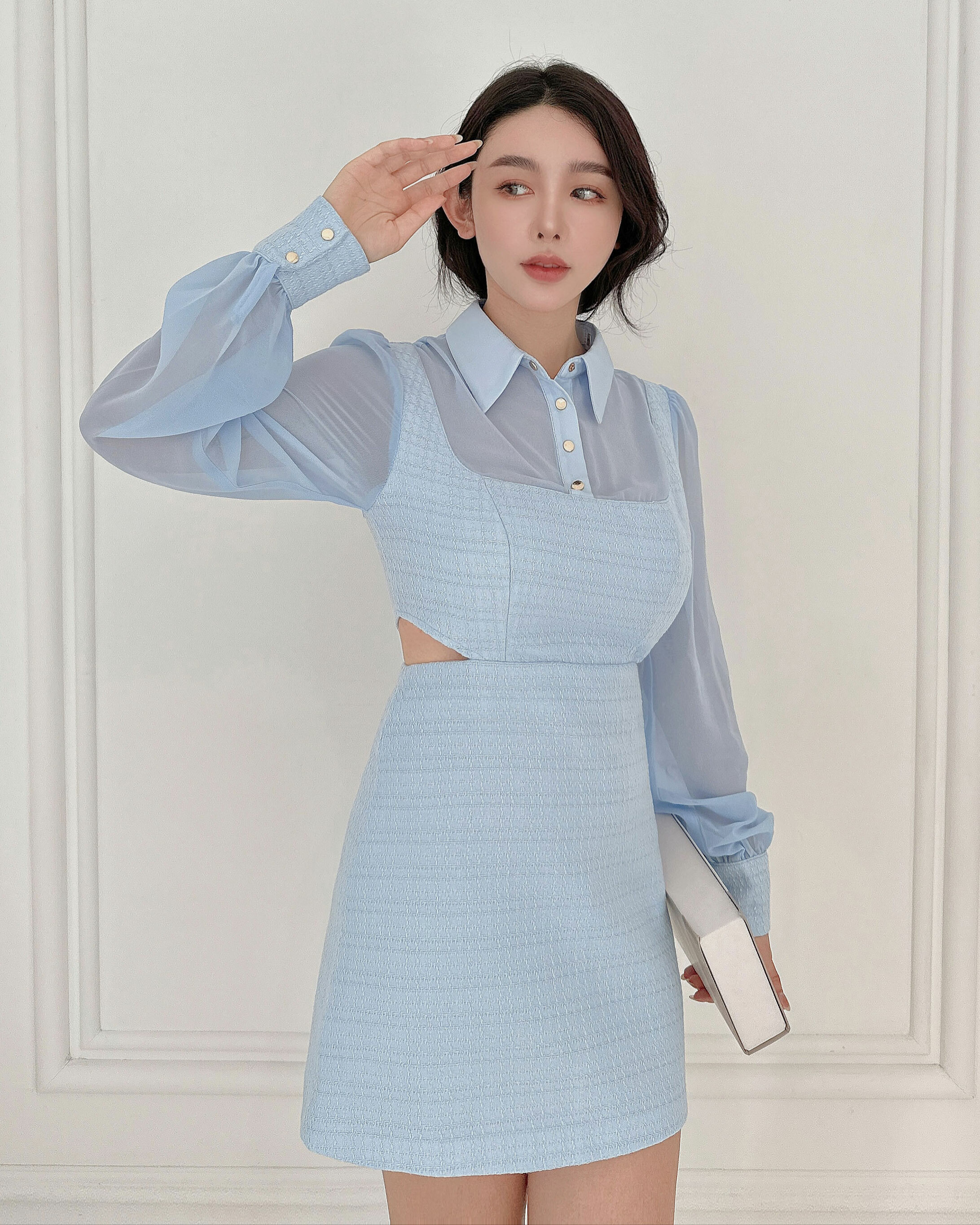 ⭒訂製-氣質拼接網紗露腰編織洋