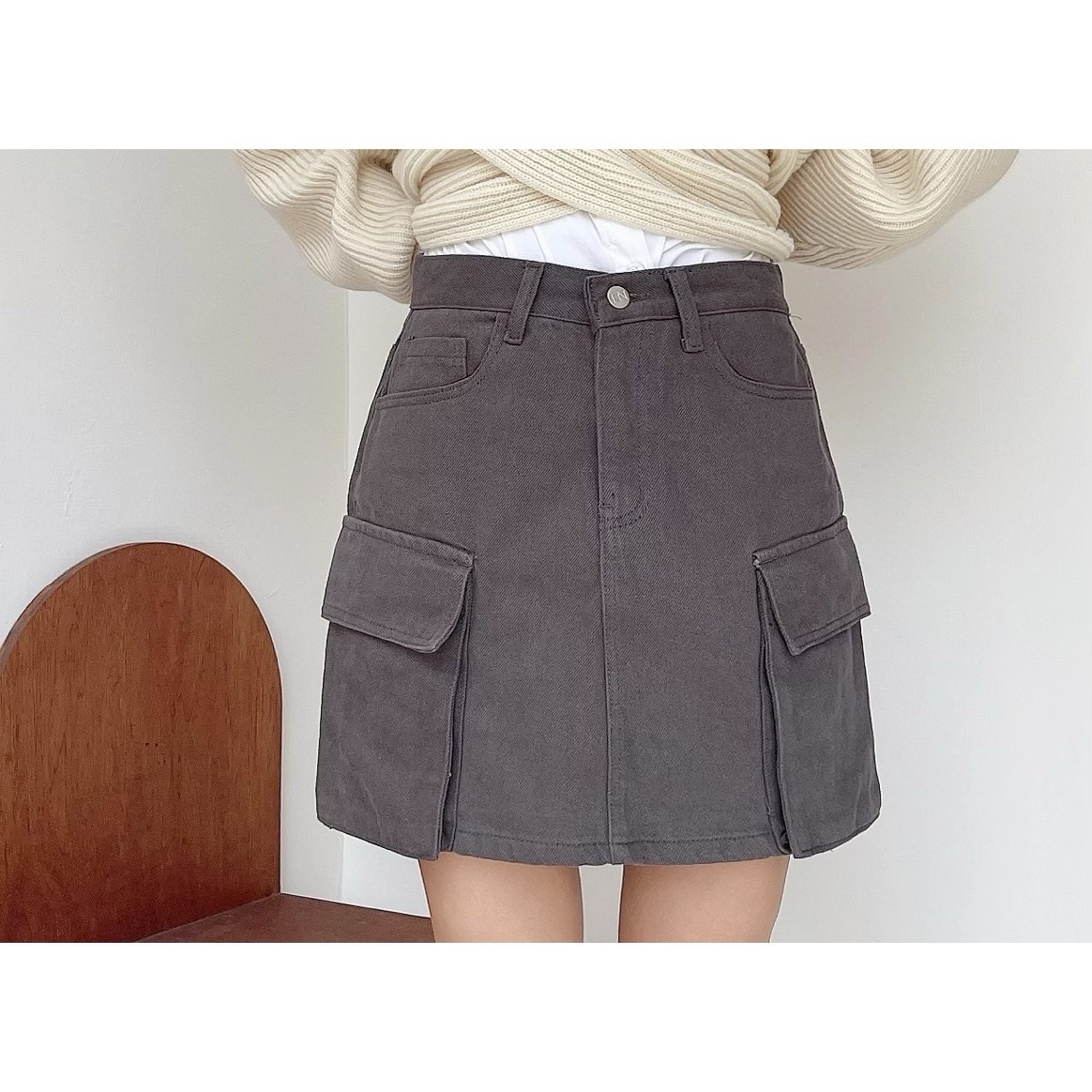 🔥10.26直播新品］💕歐膩的最愛］🇰🇷正韓中腰超百搭側大口袋工裝牛仔短裙（SM兩色）