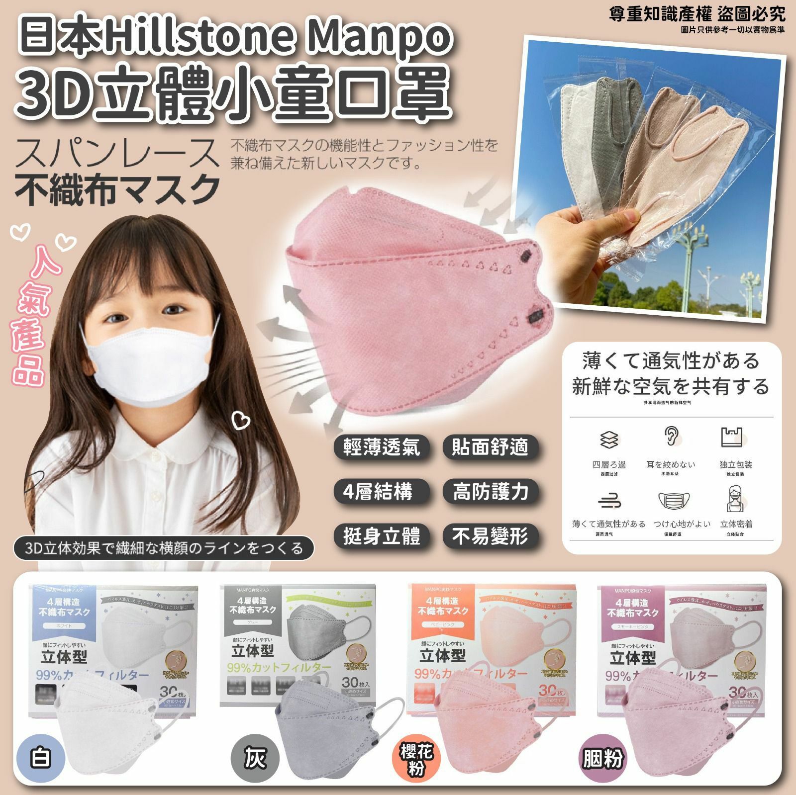 日本Hillstone Manpo 3D立體小童口罩(1盒30個)