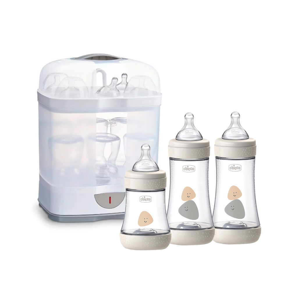chicco 2合1電子蒸氣消毒鍋+Perfect 5完美防脹奶瓶2大1小240ml+150ml中等流量